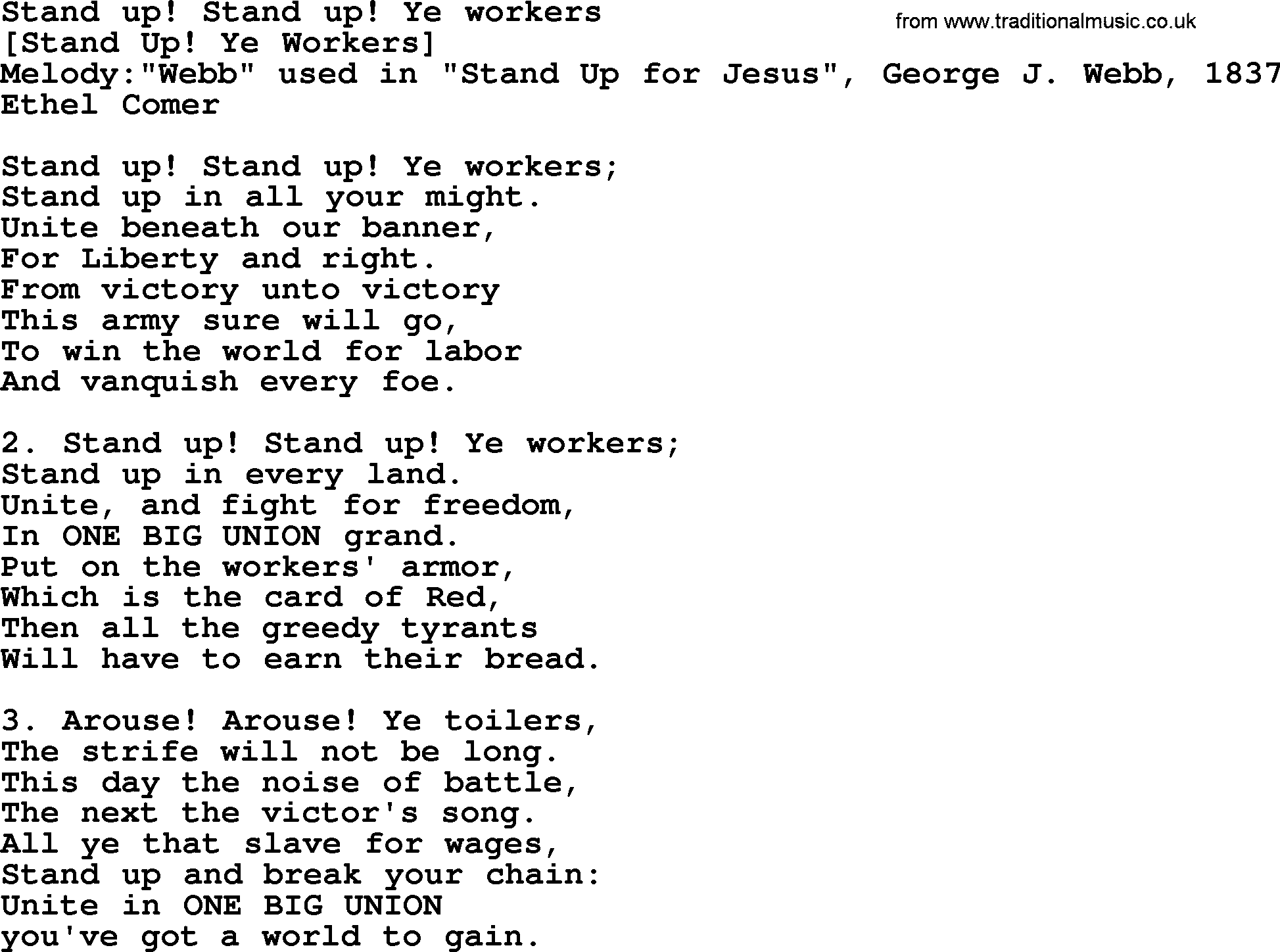Old American Song: Stand Up! Stand Up! Ye Workers, lyrics