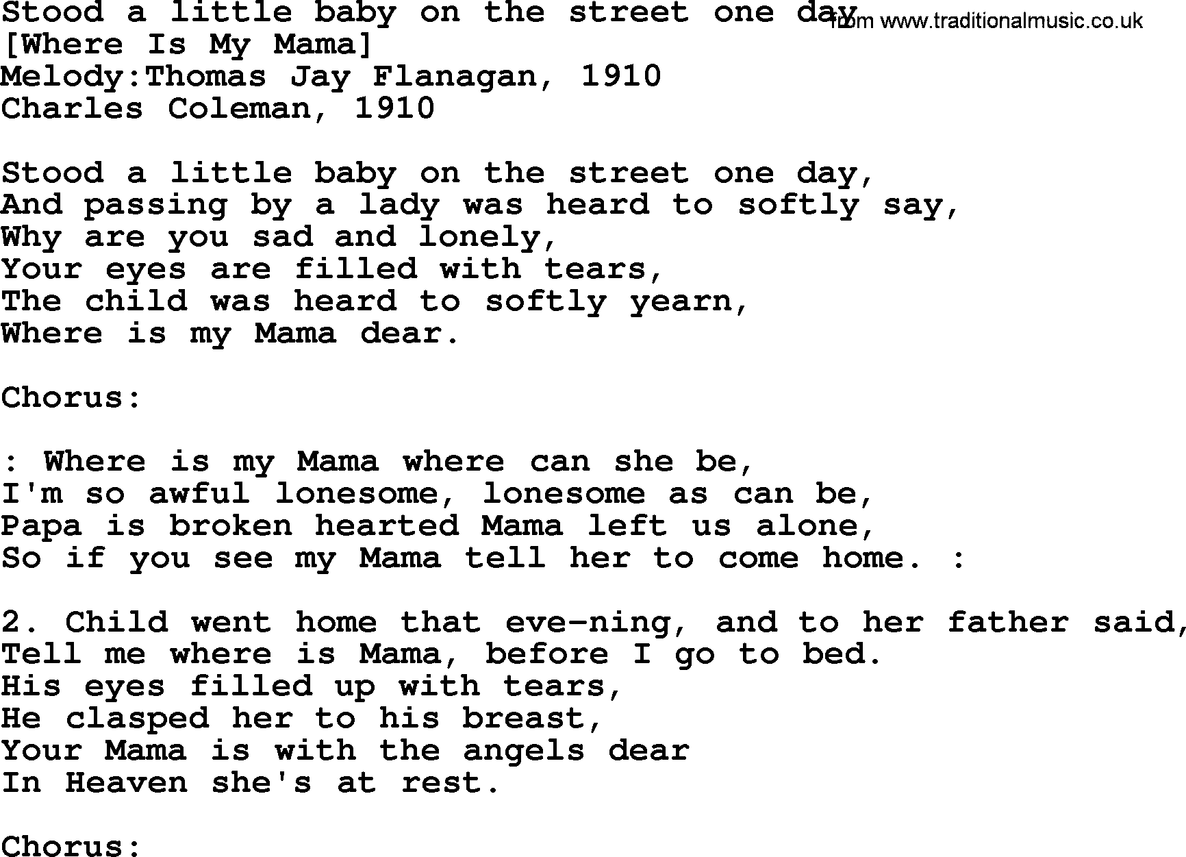 Old American Song: Stood A Little Baby On The Street One Day, lyrics