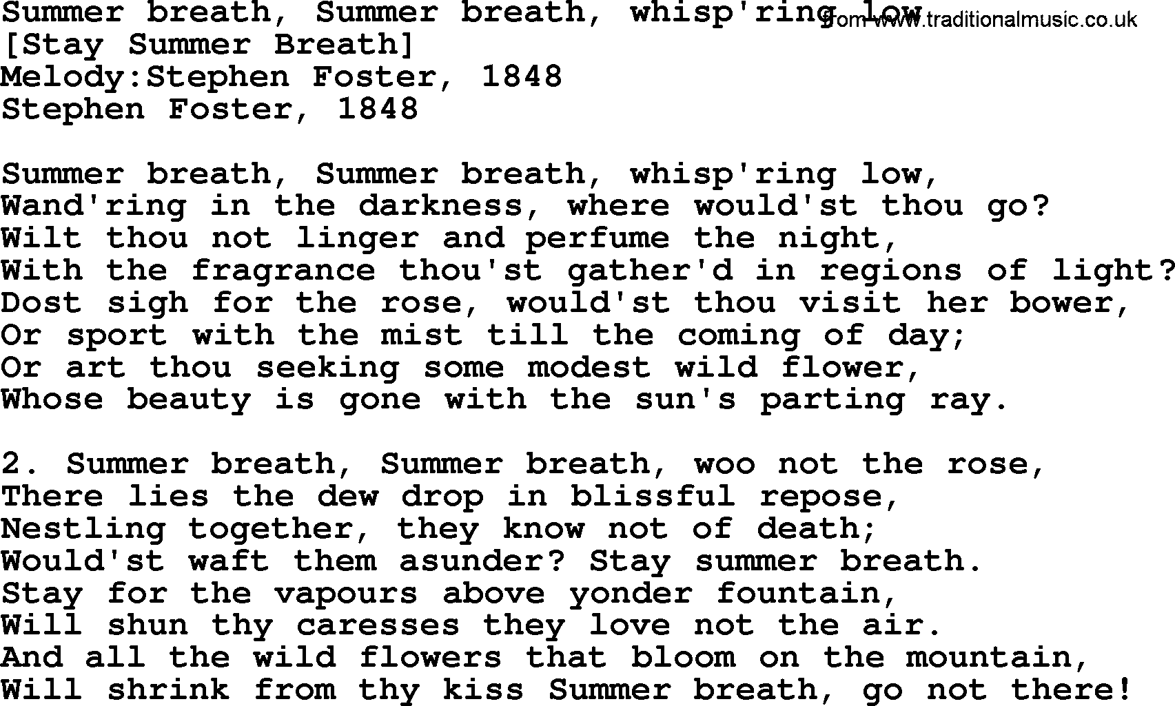 Old American Song: Summer Breath, Summer Breath, Whisp'ring Low, lyrics