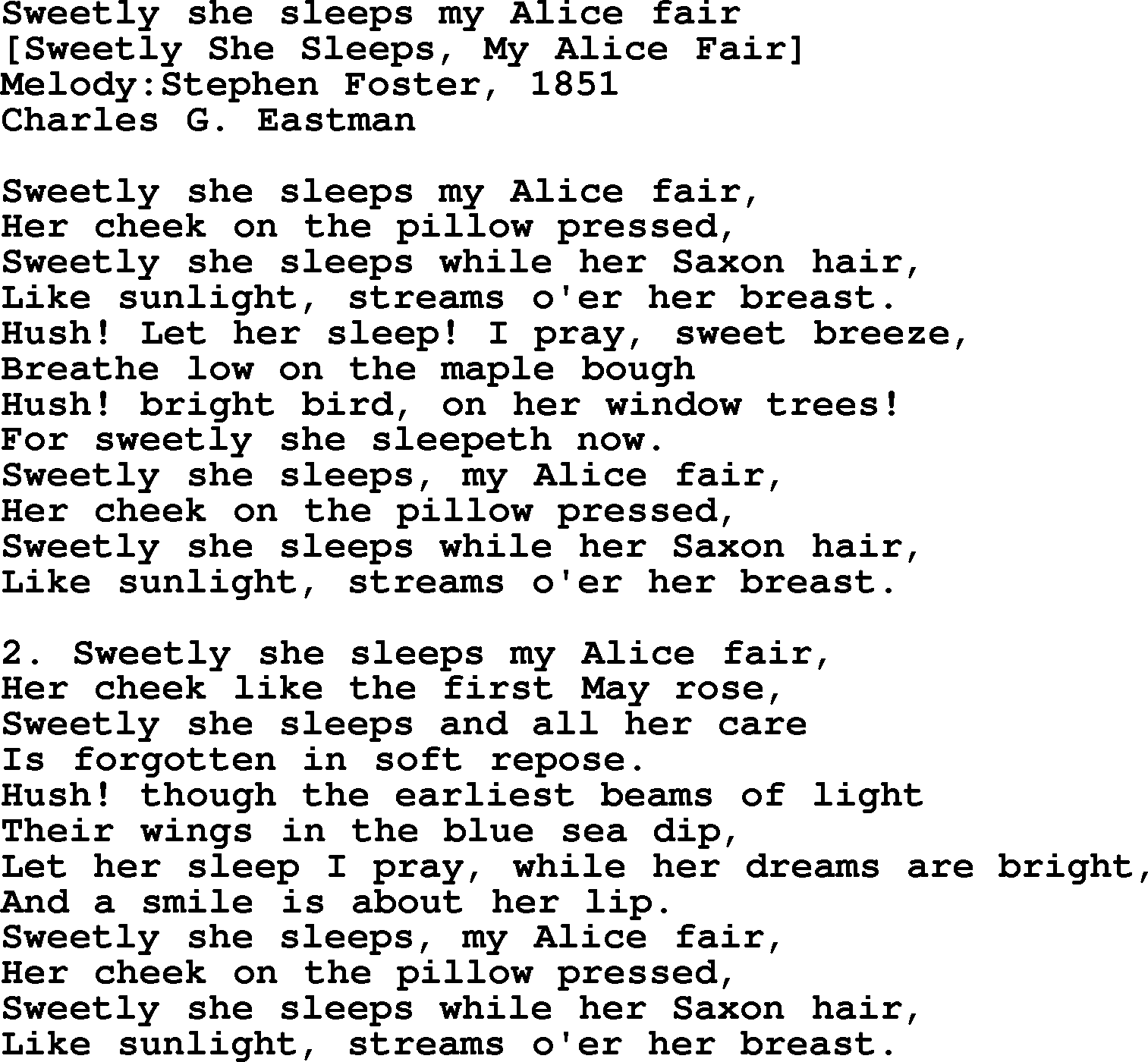 Old American Song: Sweetly She Sleeps My Alice Fair, lyrics