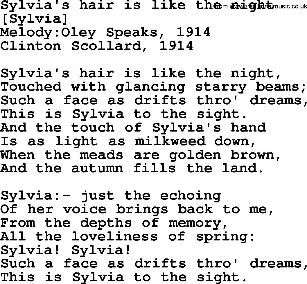 Old American Song: Sylvia's Hair Is Like The Night, lyrics