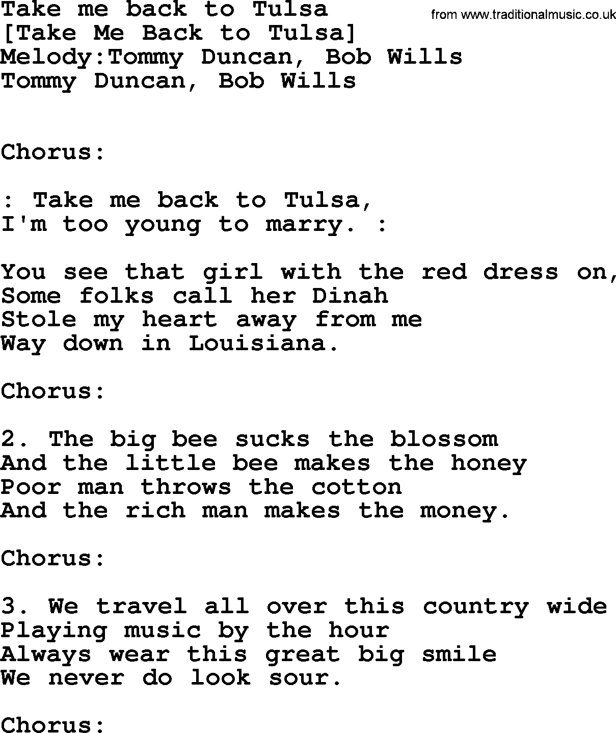 Old American Song: Take Me Back To Tulsa, lyrics