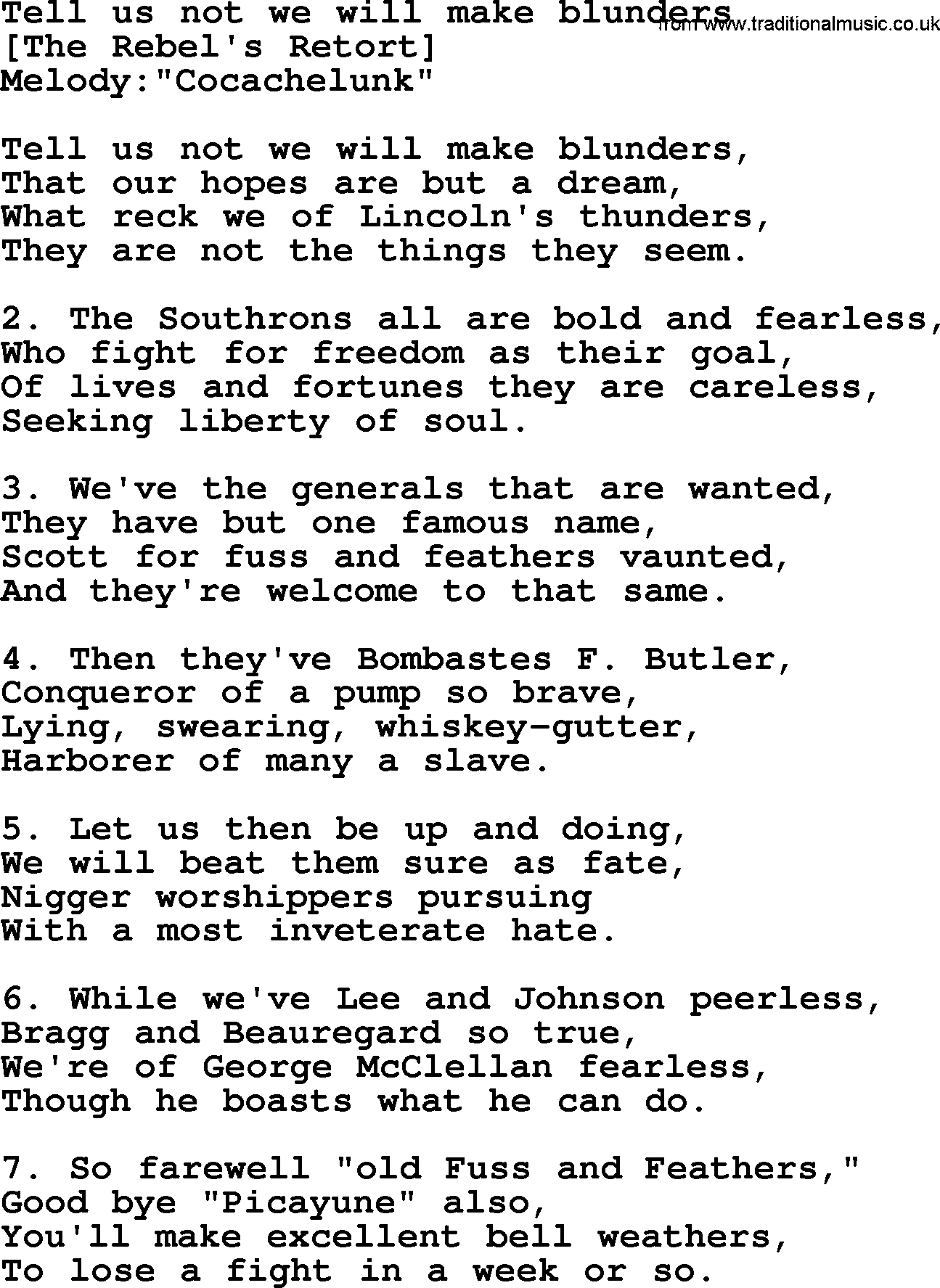 Old American Song: Tell Us Not We Will Make Blunders, lyrics