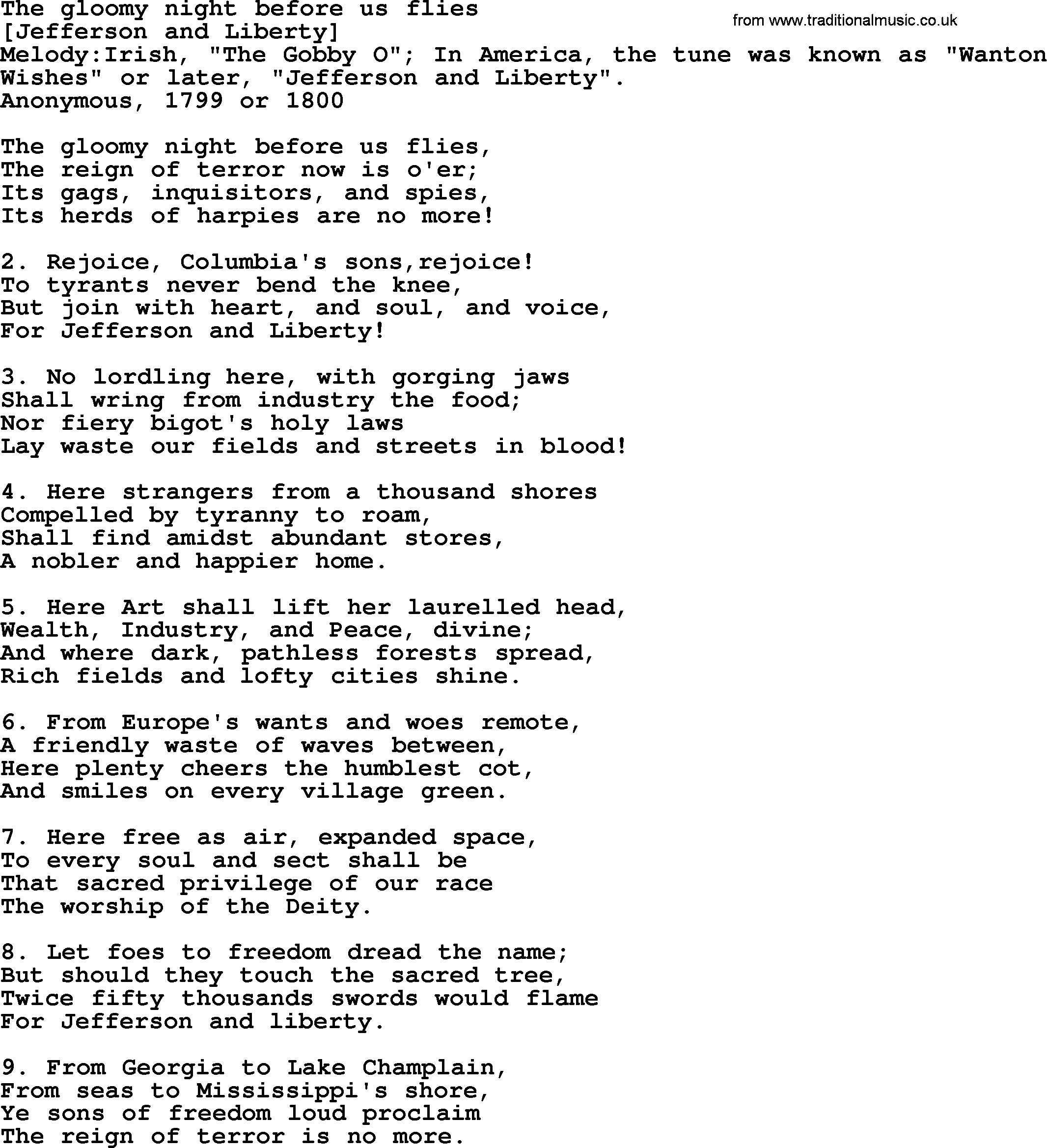 Old American Song: The Gloomy Night Before Us Flies, lyrics