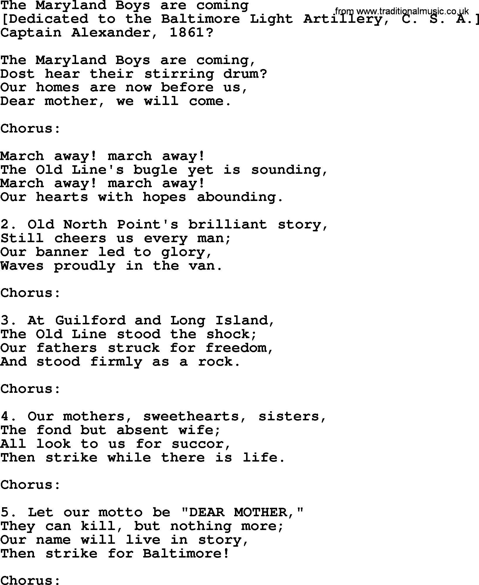 Old American Song: The Maryland Boys Are Coming, lyrics