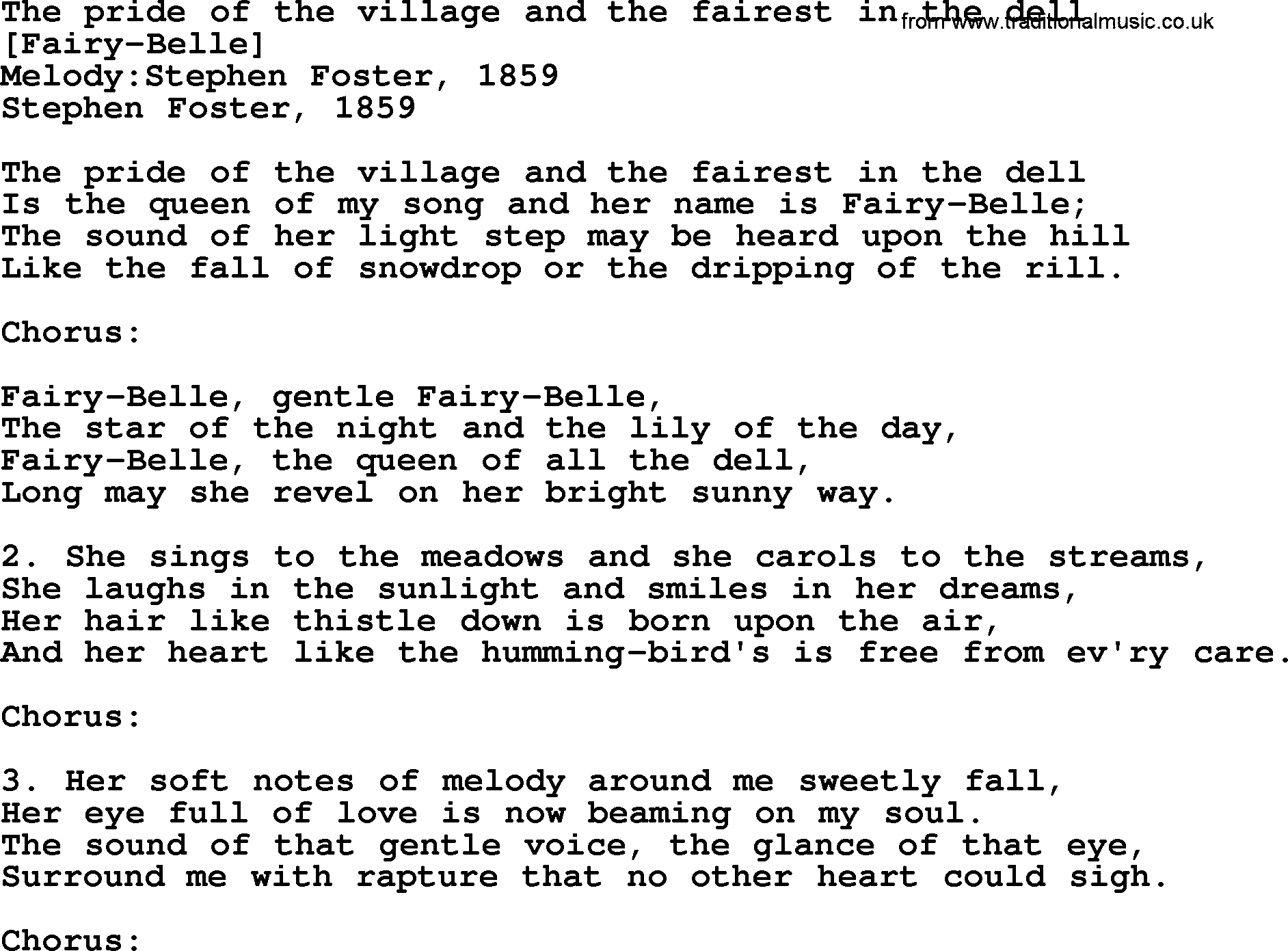 Old American Song: The Pride Of The Village And The Fairest In The Dell, lyrics