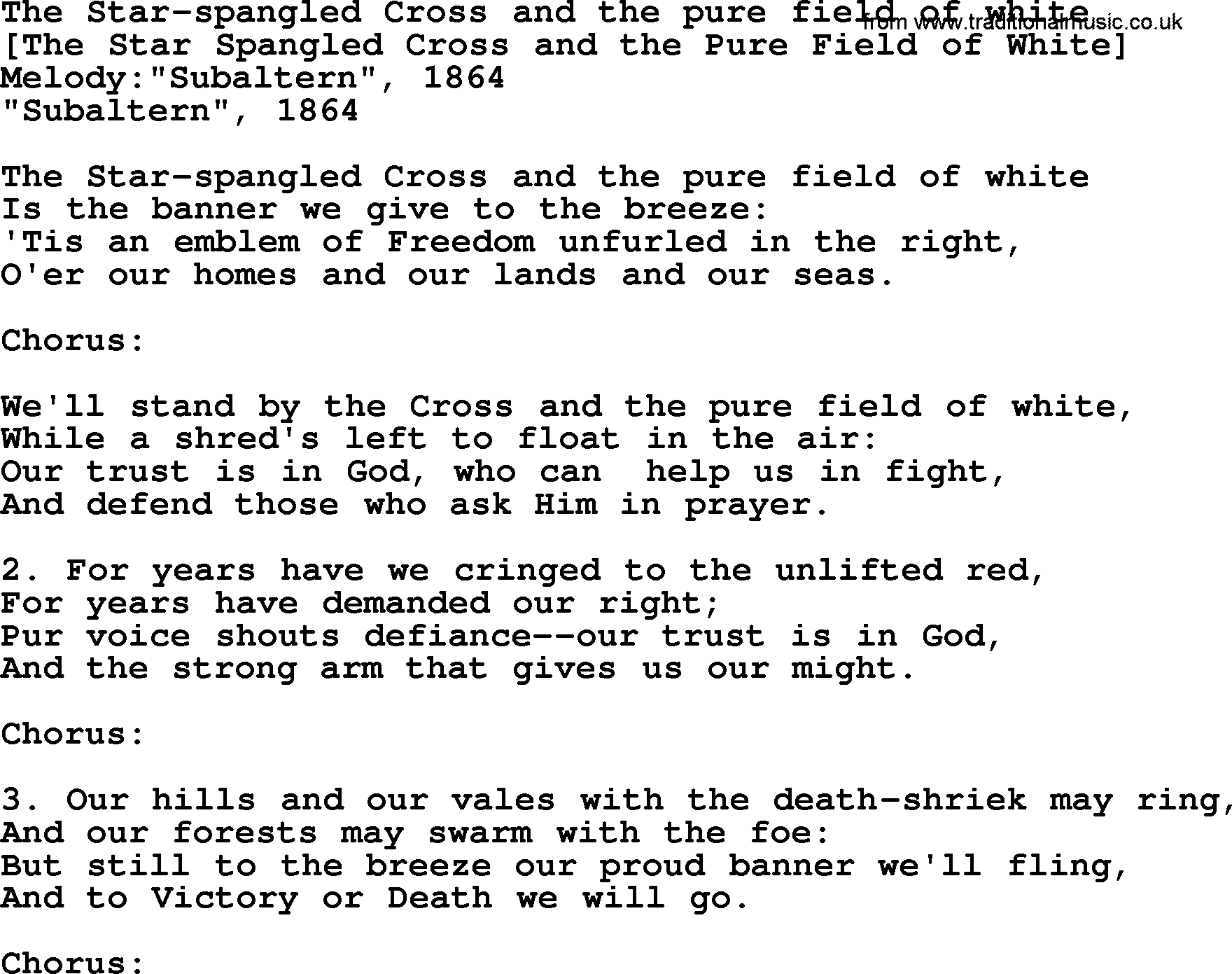 Old American Song: The Star-Spangled Cross And The Pure Field Of White, lyrics
