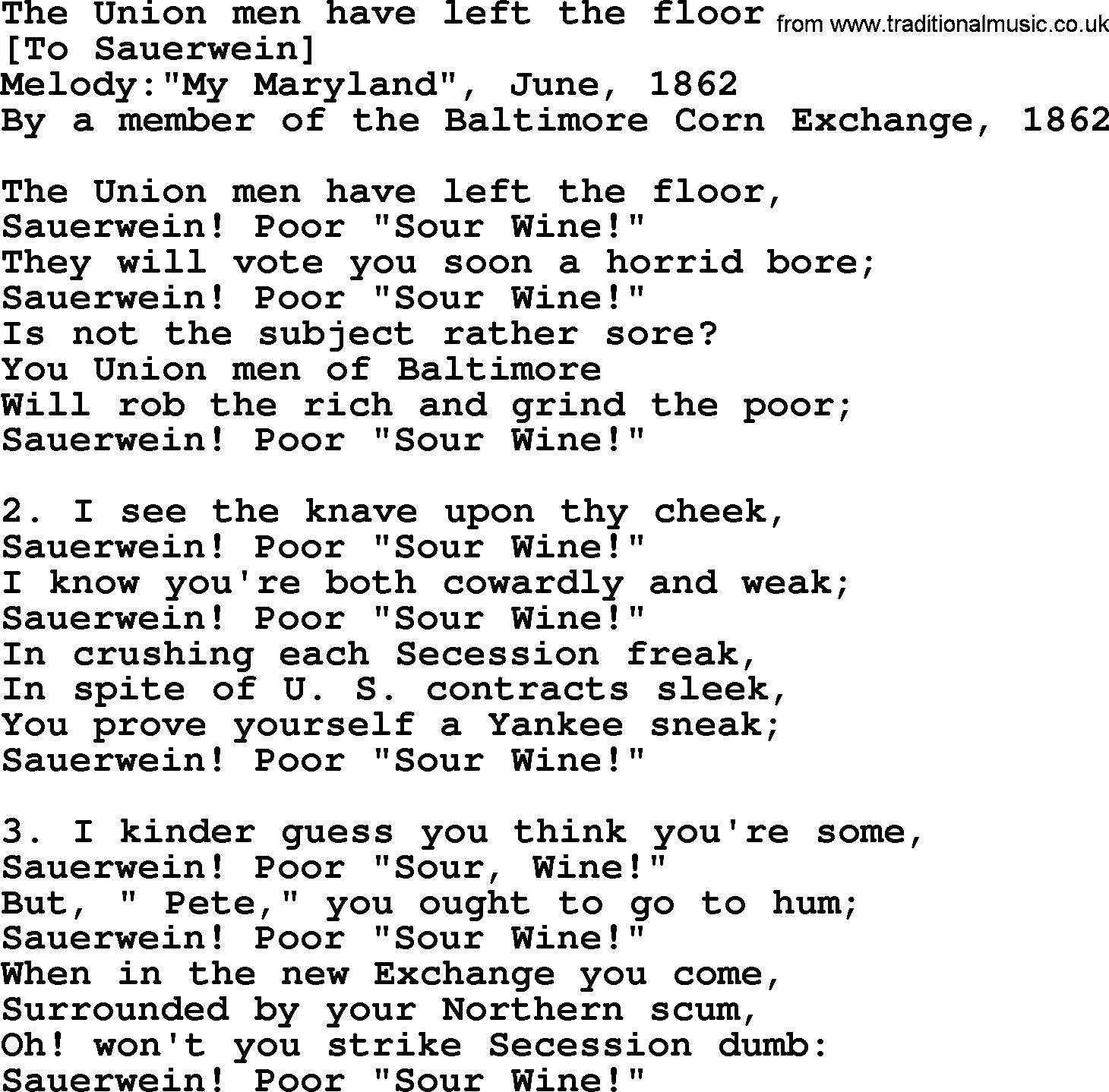 Old American Song: The Union Men Have Left The Floor, lyrics