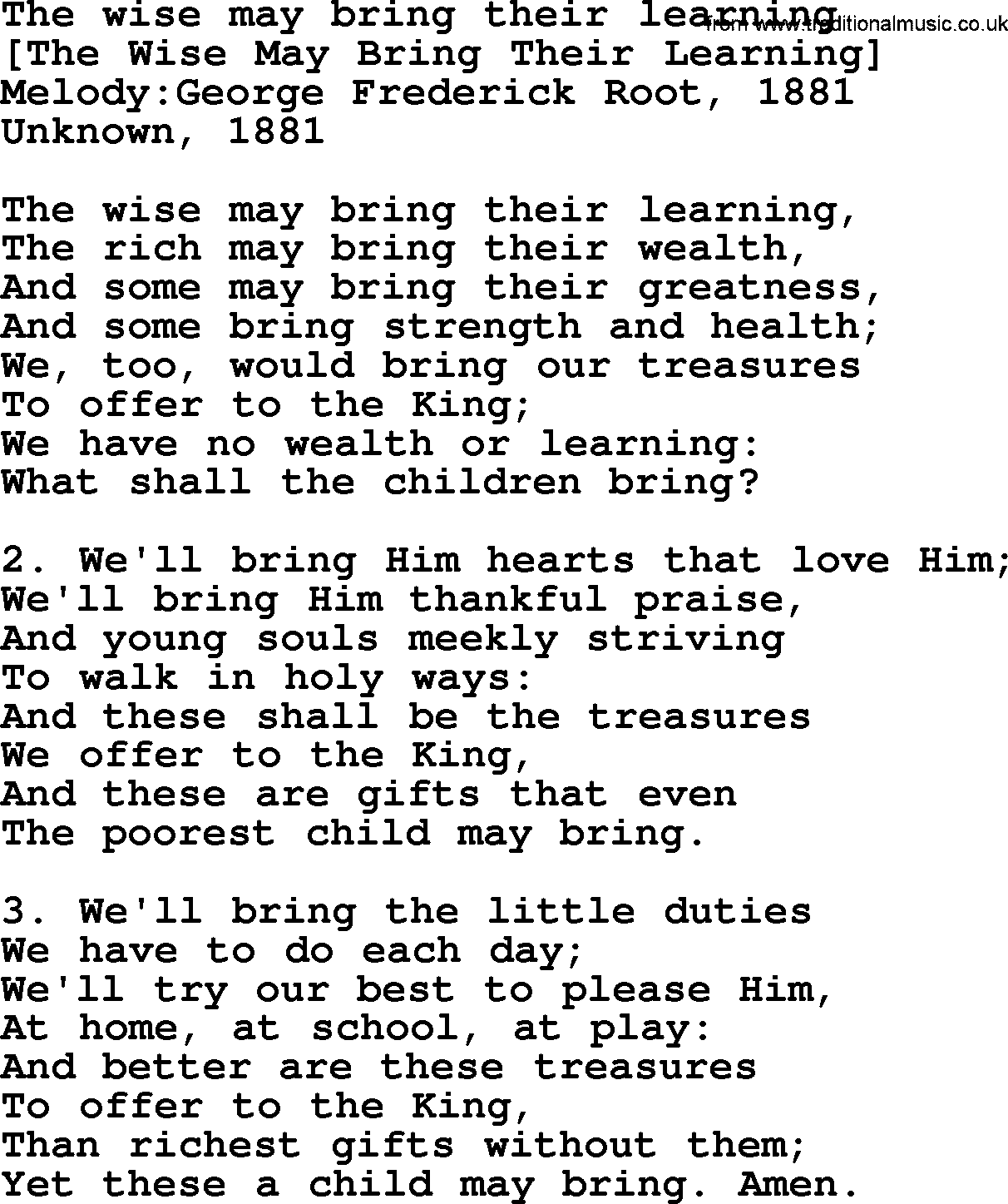 Old American Song: The Wise May Bring Their Learning, lyrics