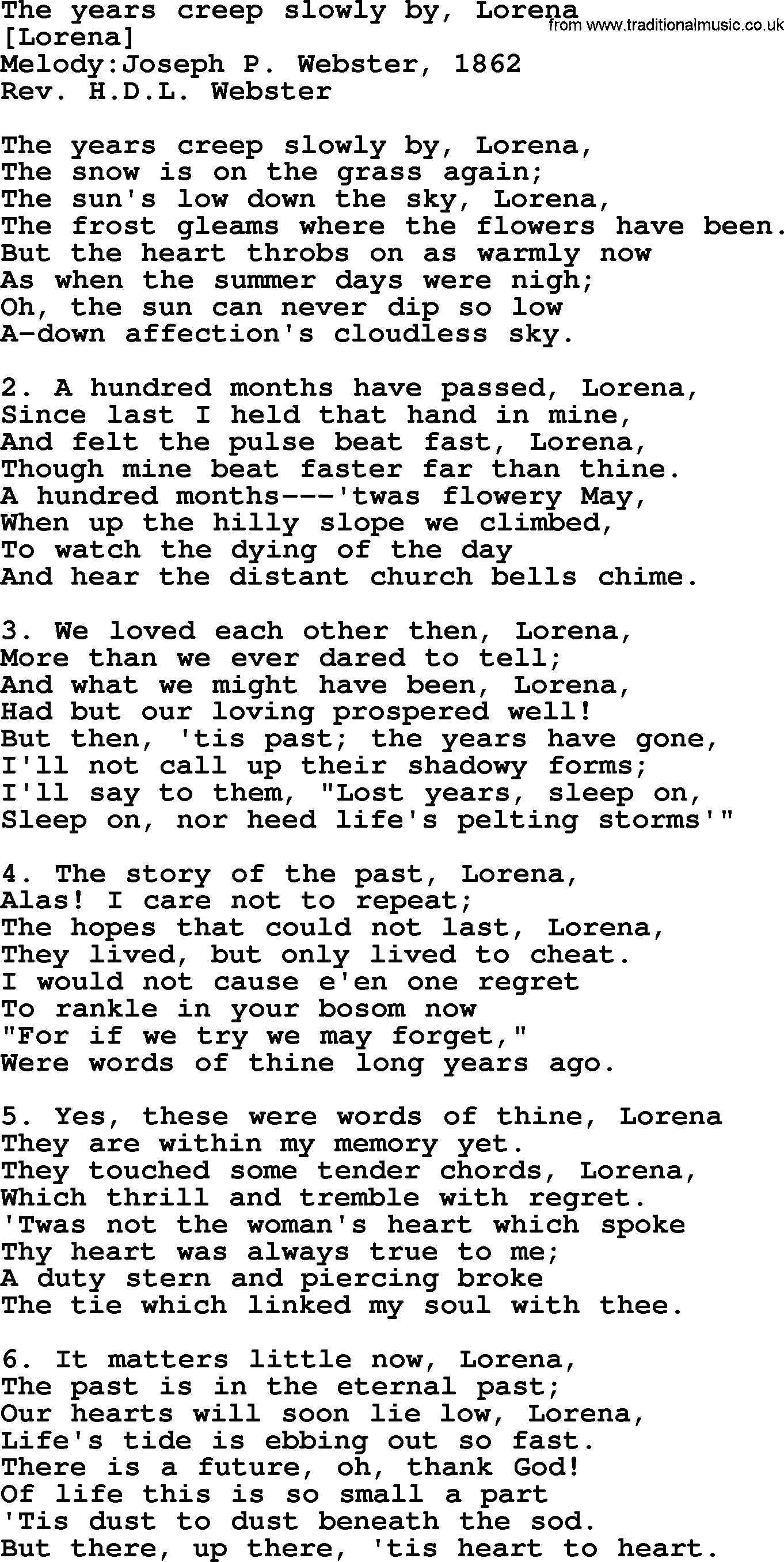 Old American Song: The Years Creep Slowly By, Lorena, lyrics