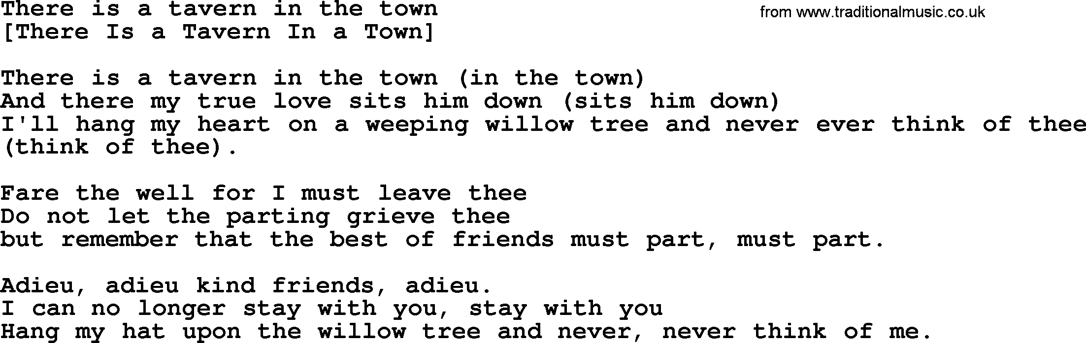 Old American Song: There Is A Tavern In The Town, lyrics