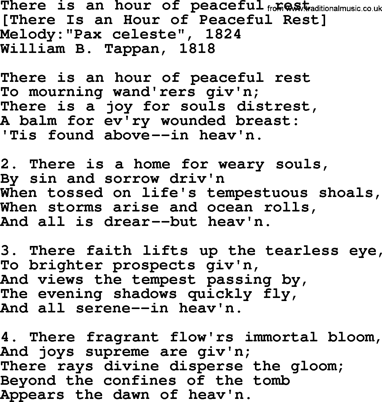 Old American Song: There Is An Hour Of Peaceful Rest, lyrics