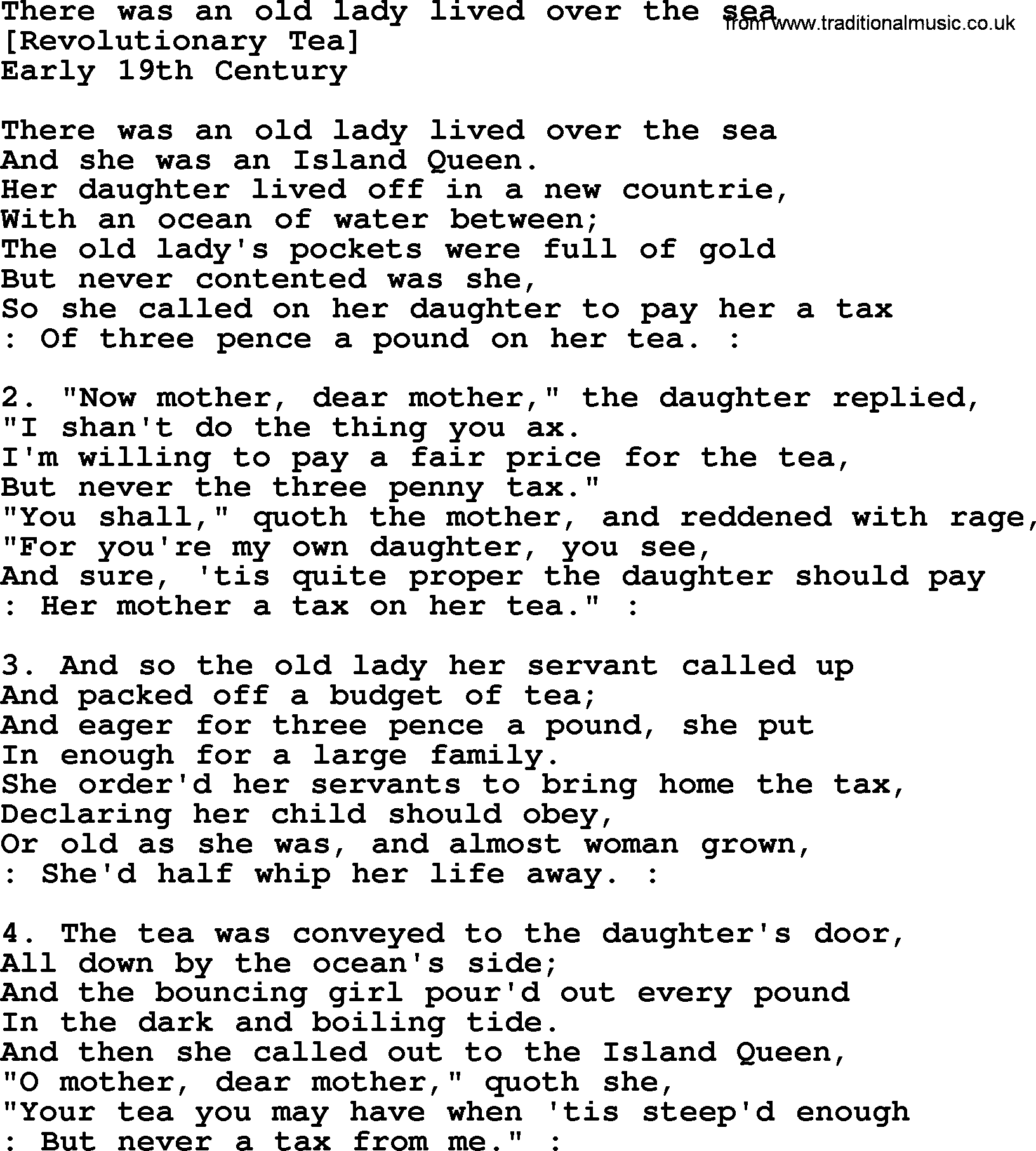 Old American Song: There Was An Old Lady Lived Over The Sea, lyrics