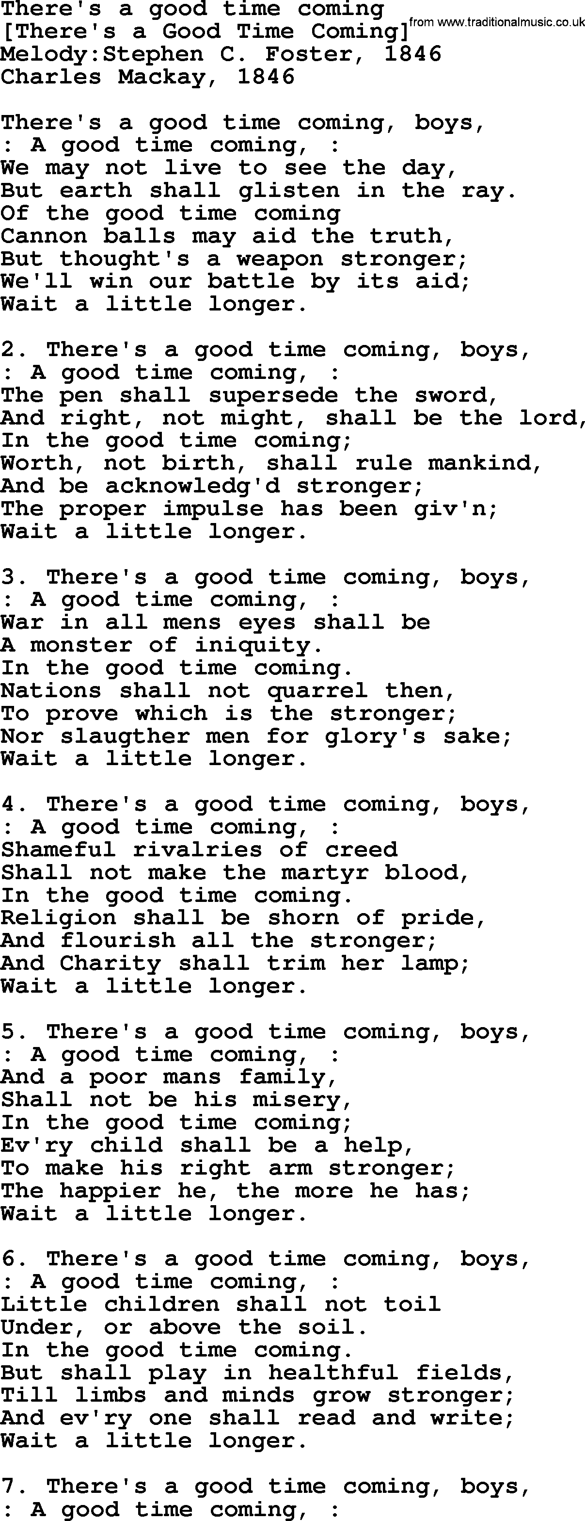 Old American Song: There's A Good Time Coming, lyrics