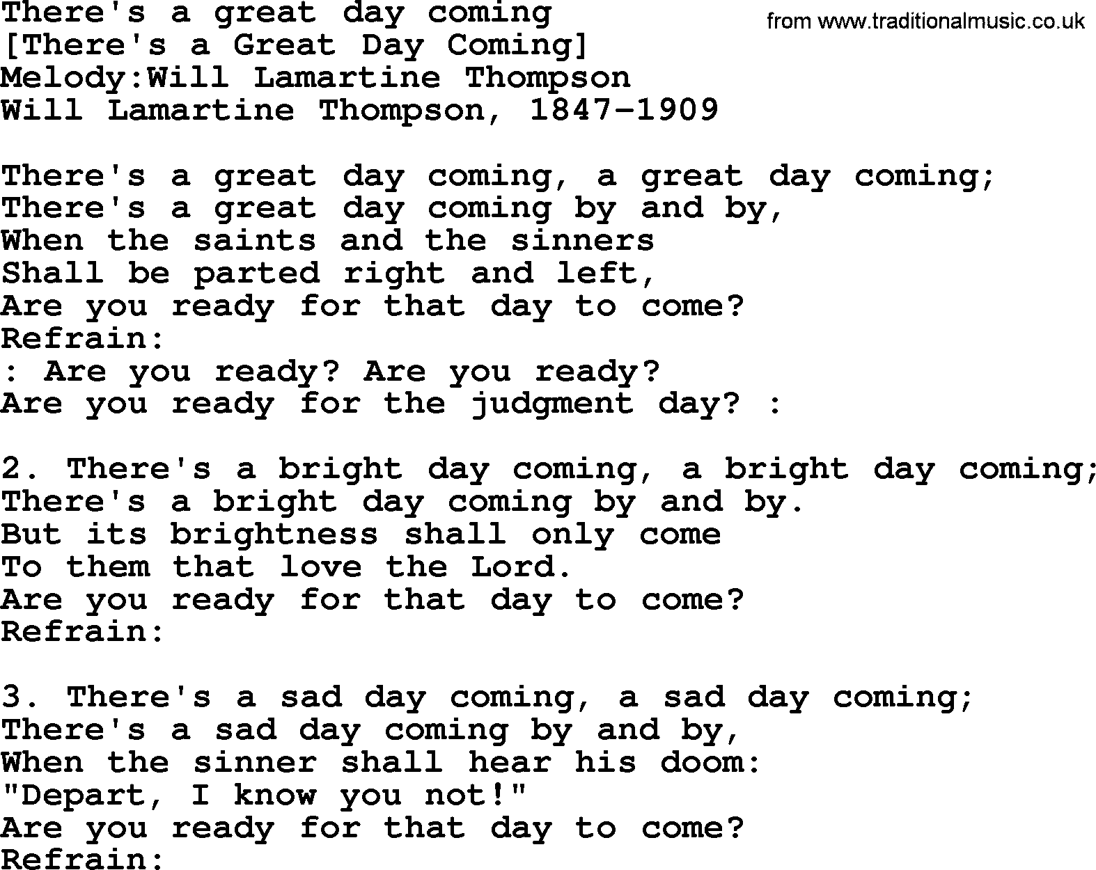 Old American Song: There's A Great Day Coming, lyrics