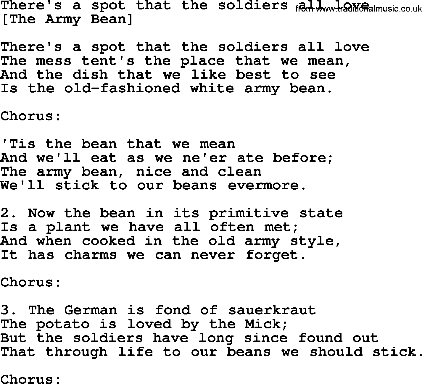 Old American Song: There's A Spot That The Soldiers All Love, lyrics