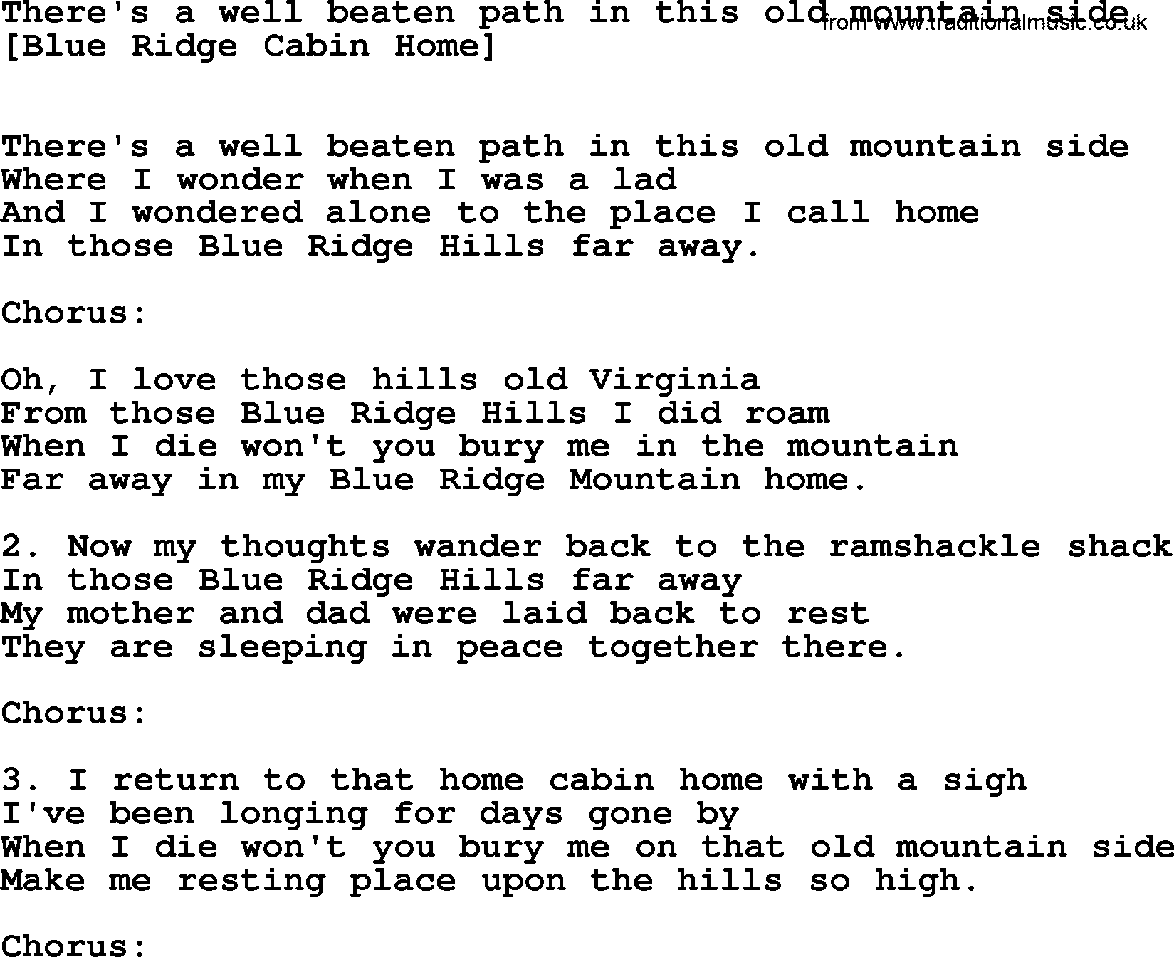 Old American Song: There's A Well Beaten Path In This Old Mountain Side, lyrics