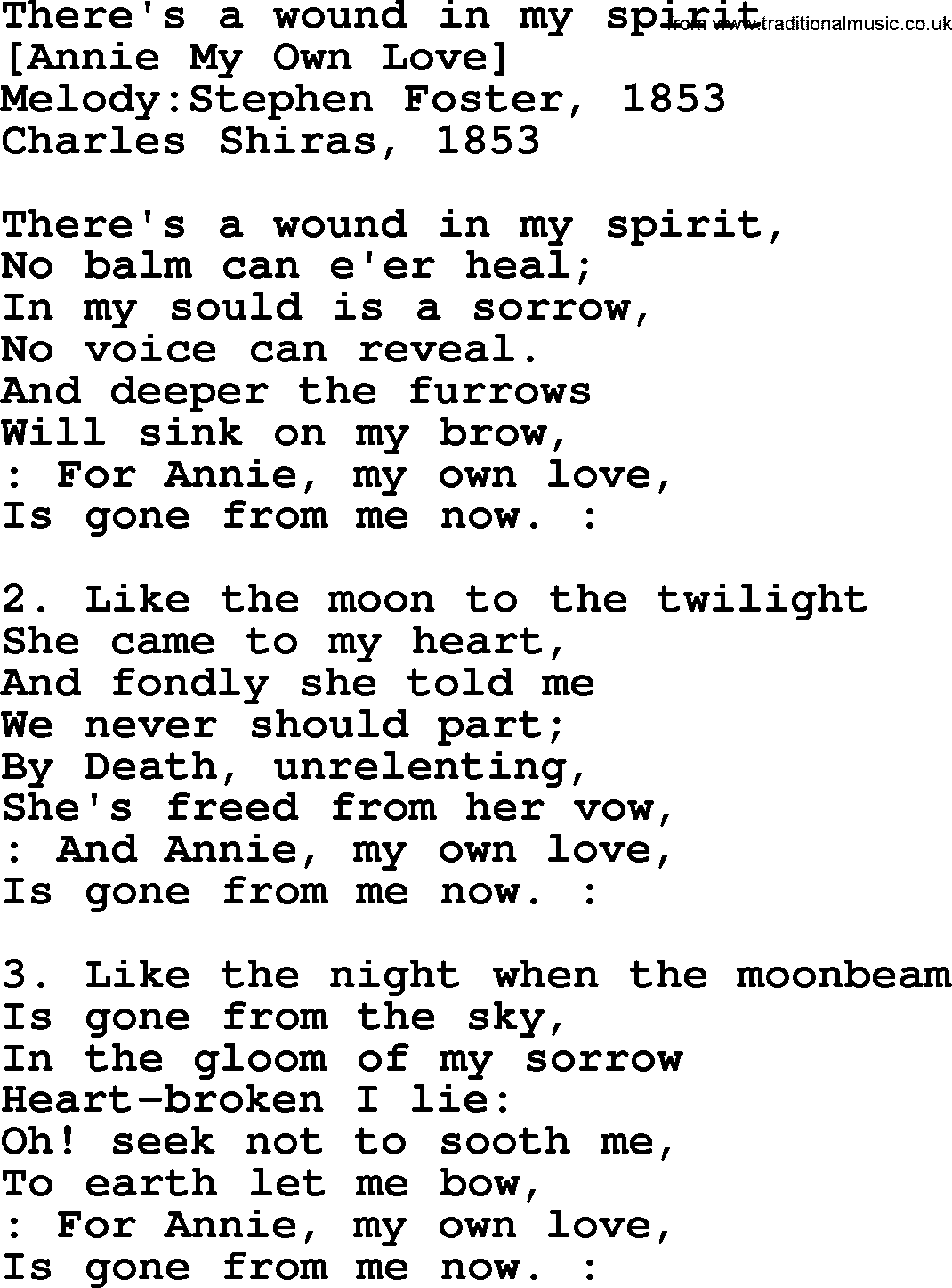 Old American Song: There's A Wound In My Spirit, lyrics