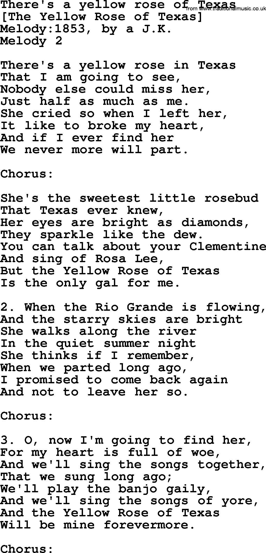 Old American Song: There's A Yellow Rose Of Texas, lyrics