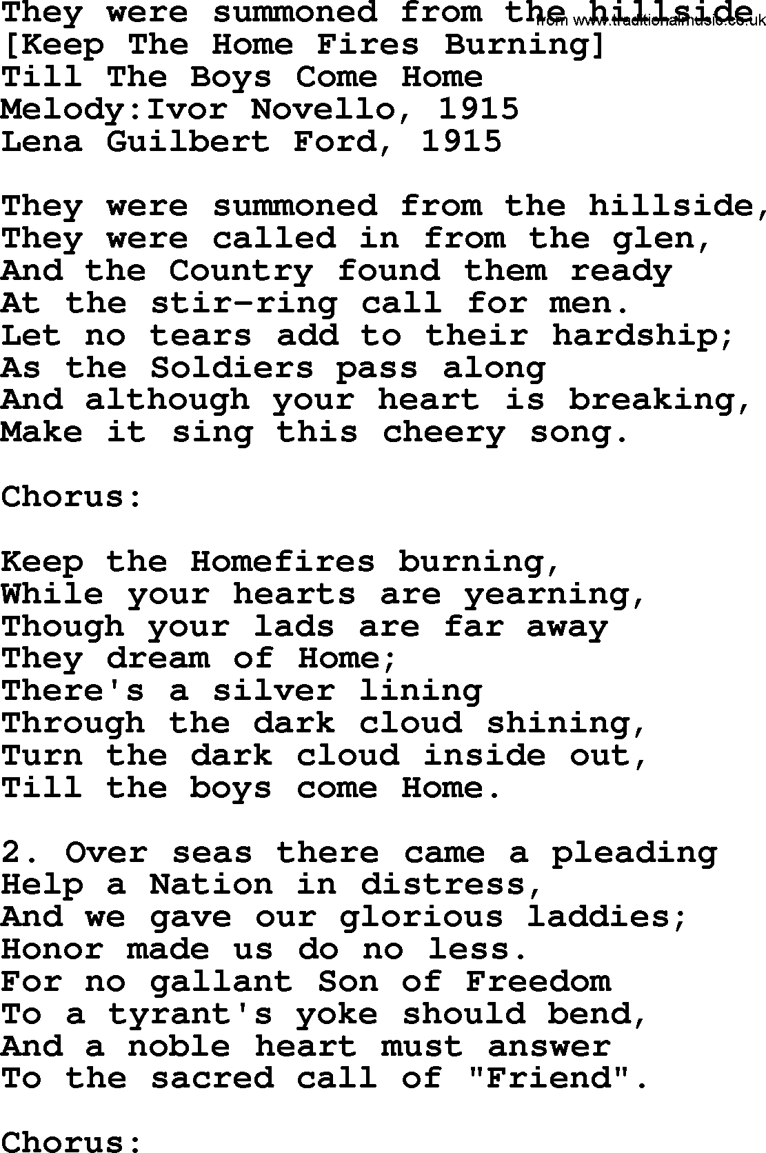 Old American Song: They Were Summoned From The Hillside, lyrics