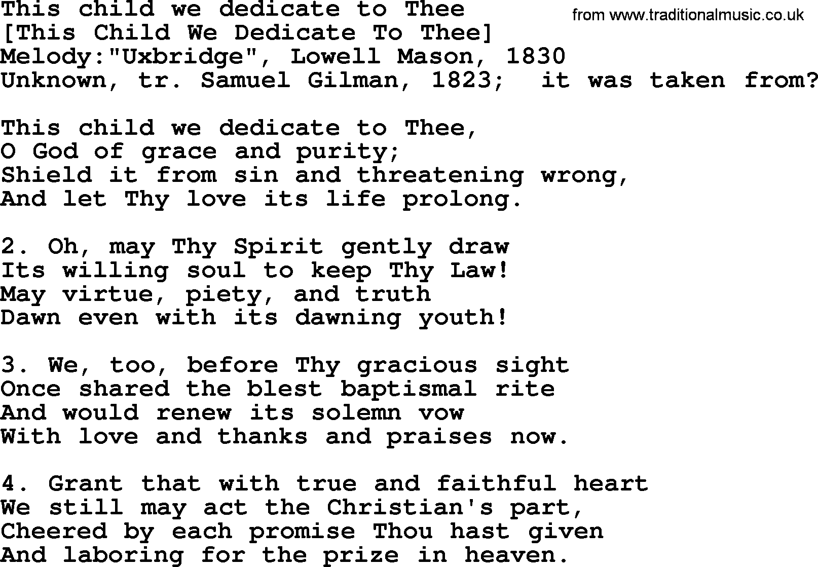 Old American Song: This Child We Dedicate To Thee, lyrics
