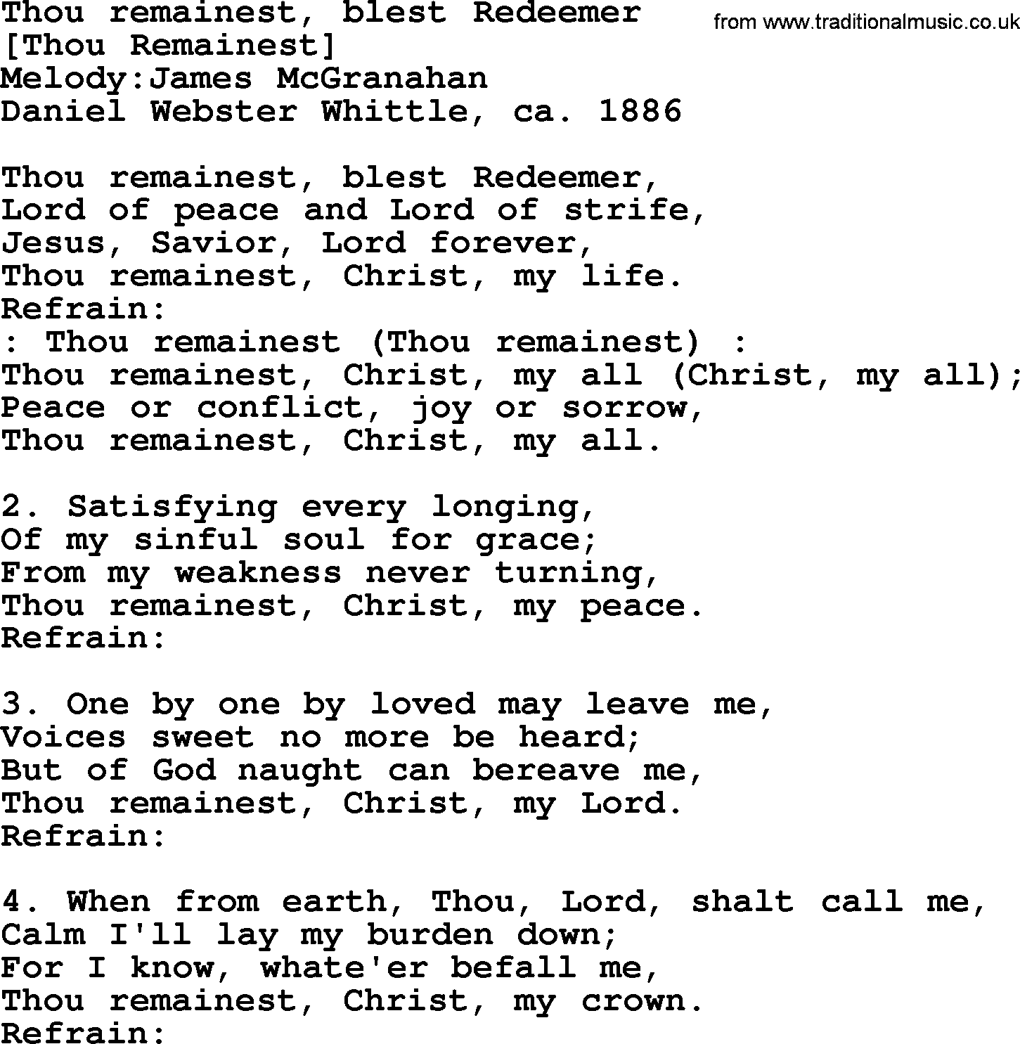 Old American Song: Thou Remainest, Blest Redeemer, lyrics