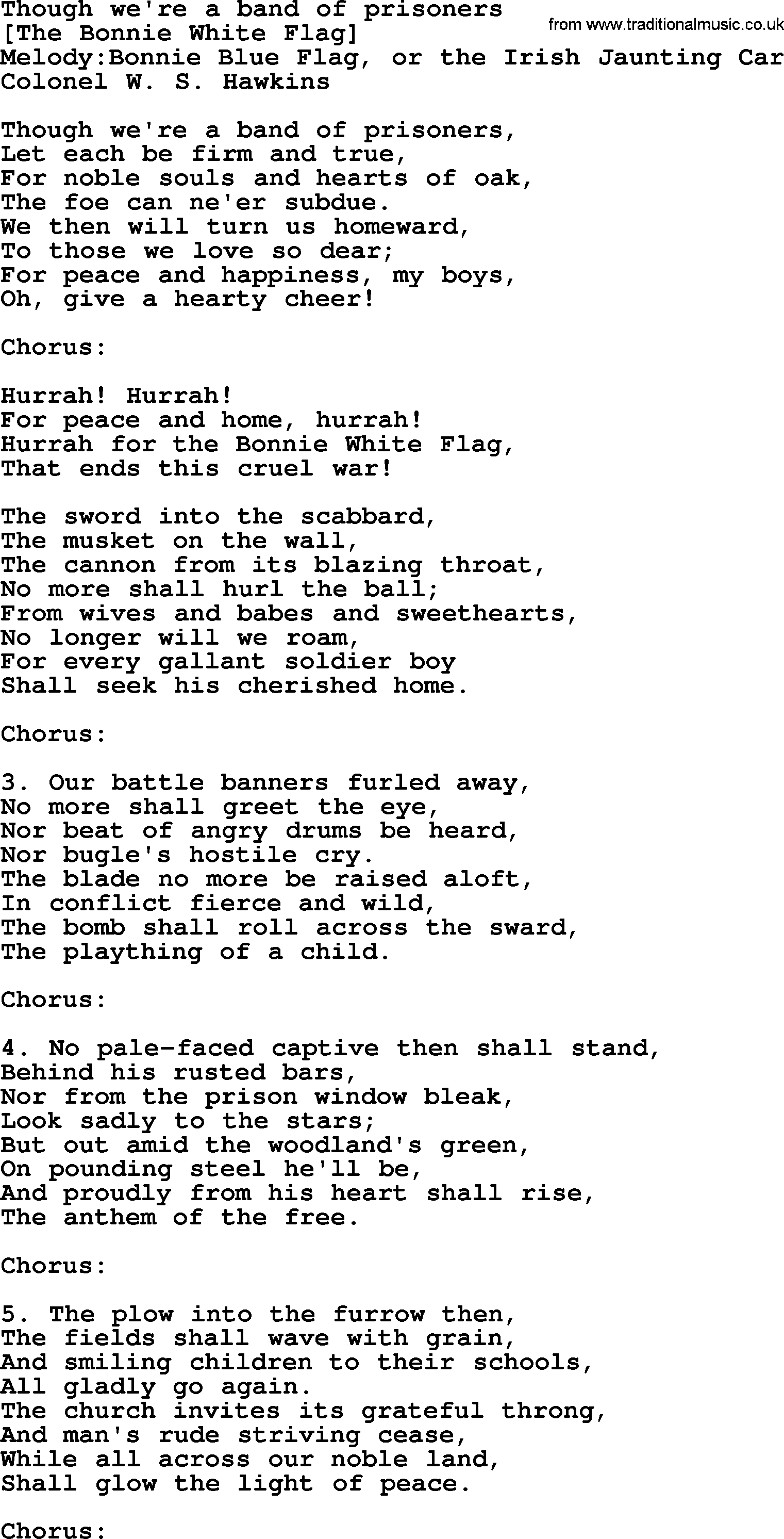 Old American Song: Though We're A Band Of Prisoners, lyrics