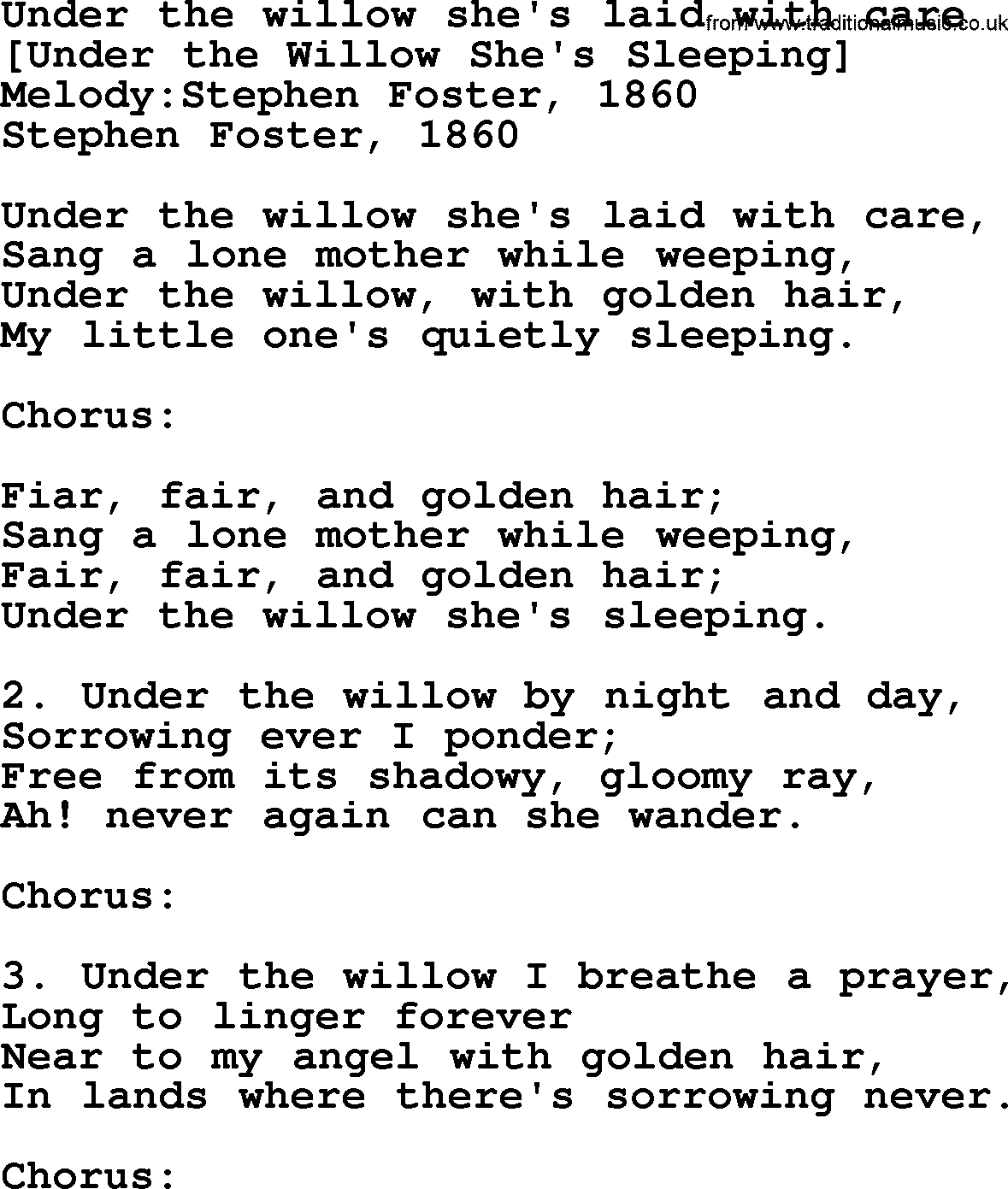 Old American Song: Under The Willow She's Laid With Care, lyrics