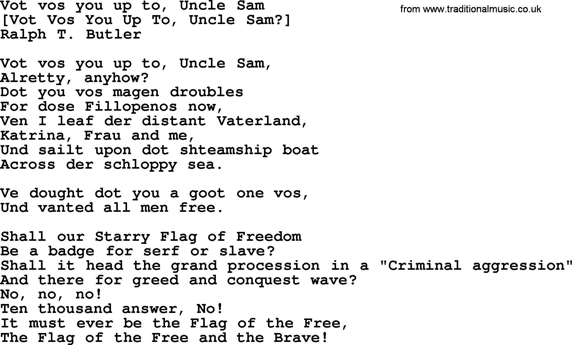 Old American Song: Vot Vos You Up To, Uncle Sam, lyrics