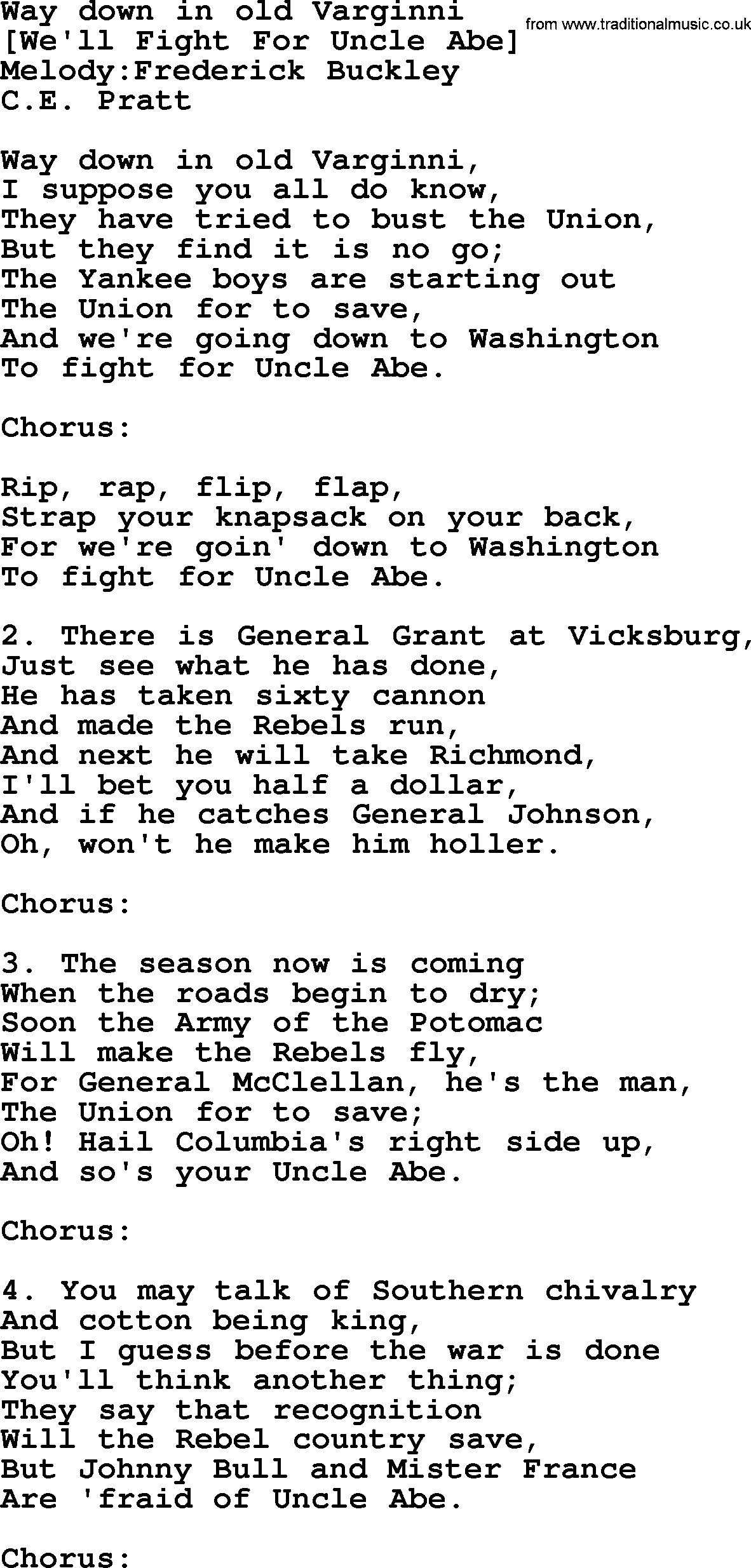Old American Song: Way Down In Old Varginni, lyrics