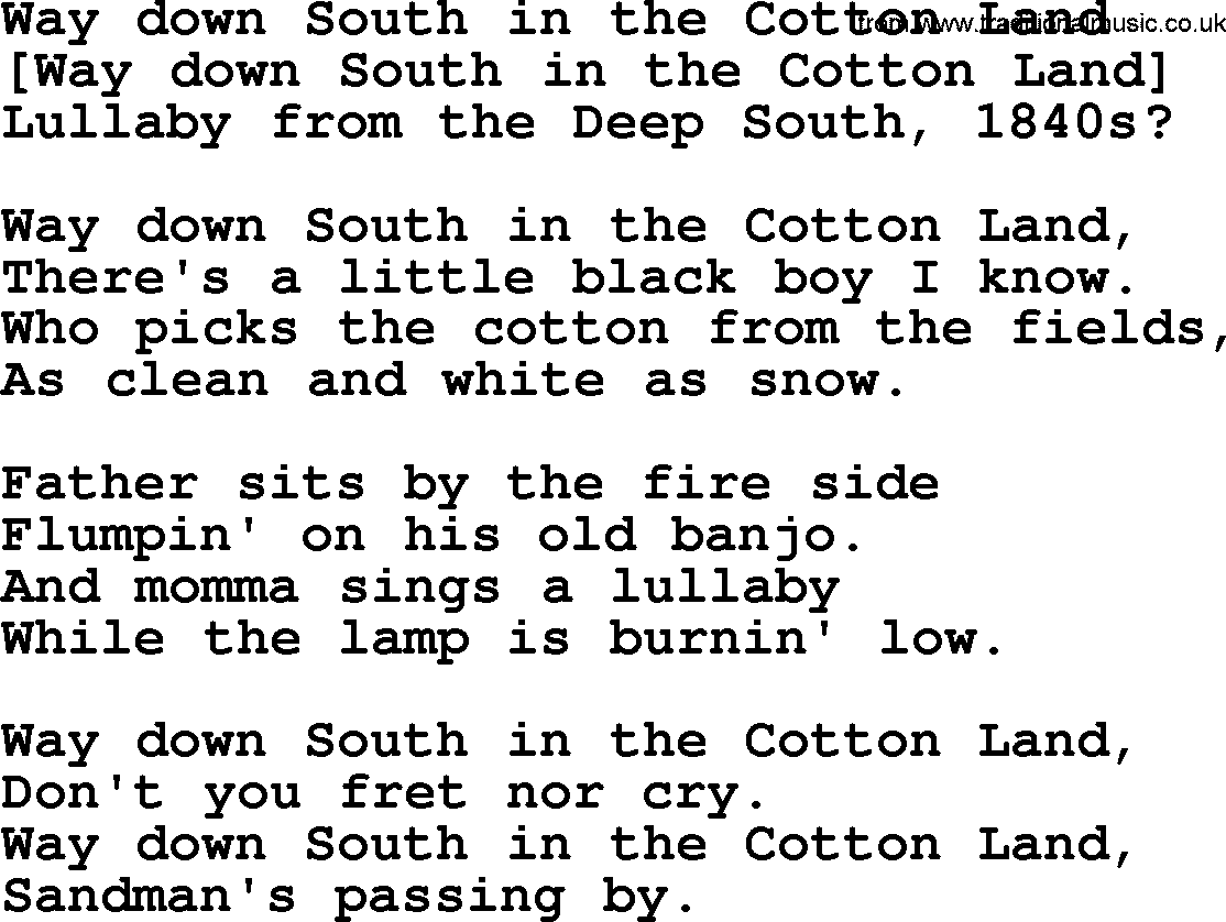 Old American Song: Way Down South In The Cotton Land, lyrics