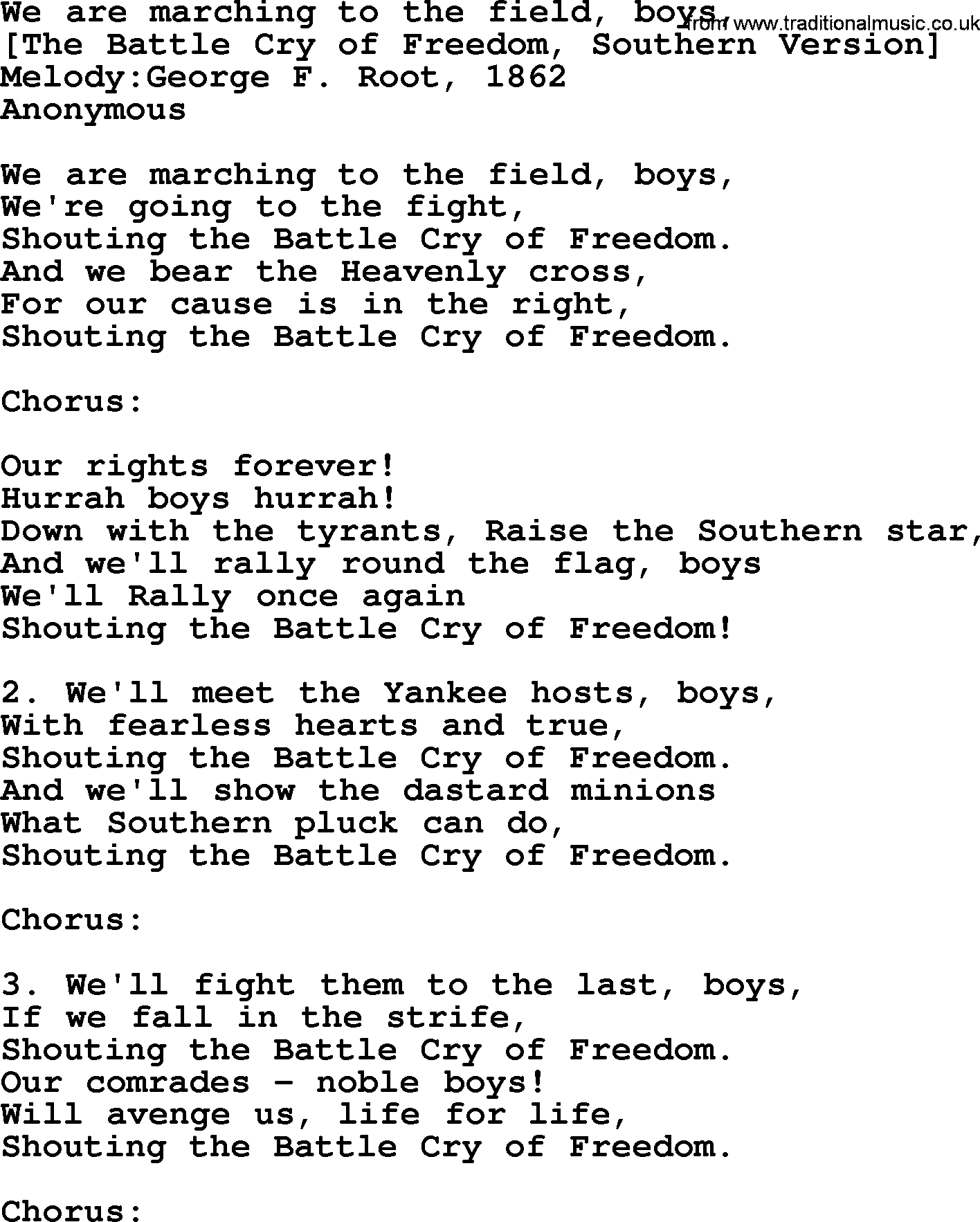 Old American Song: We Are Marching To The Field, Boys,, lyrics