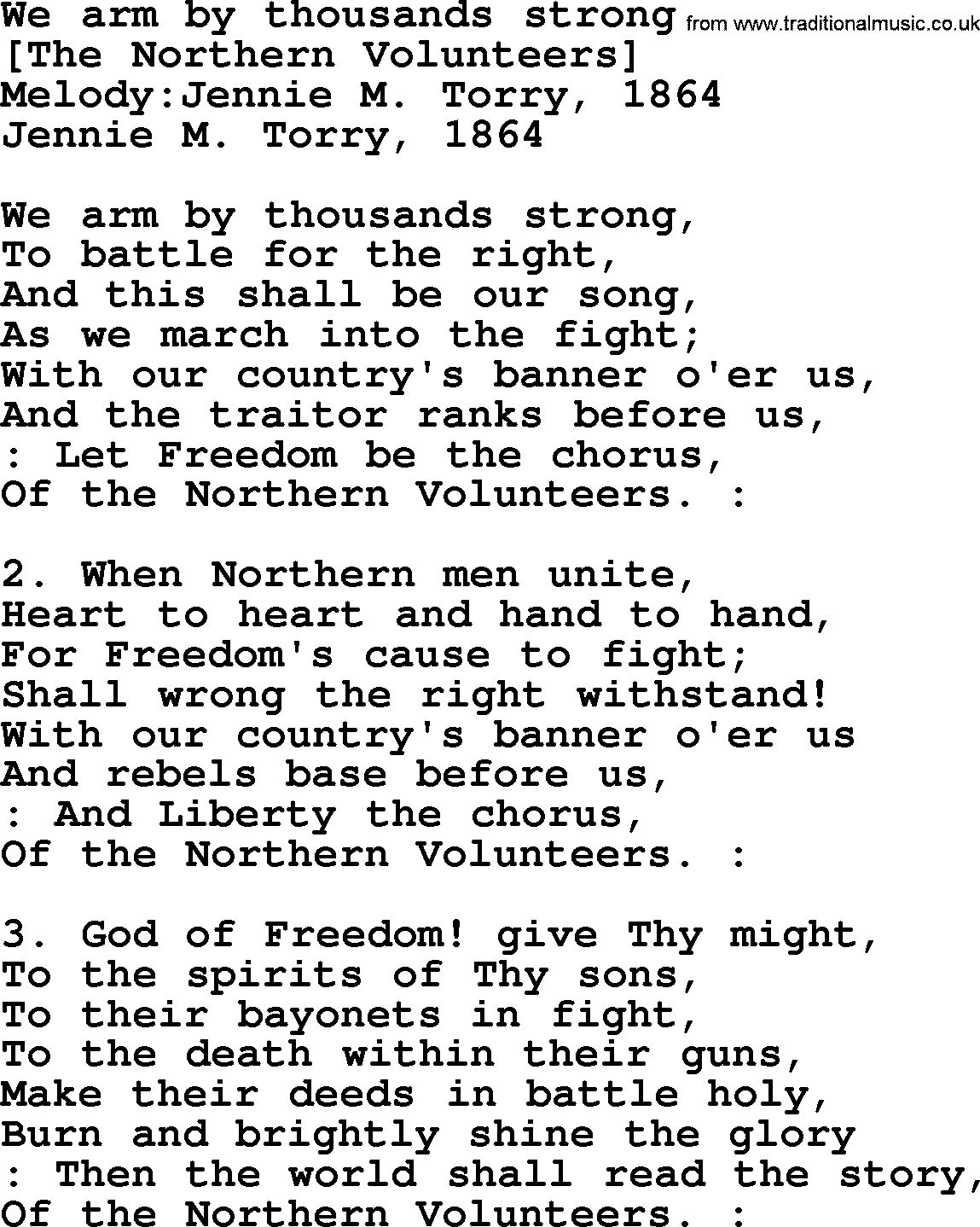 Old American Song: We Arm By Thousands Strong, lyrics
