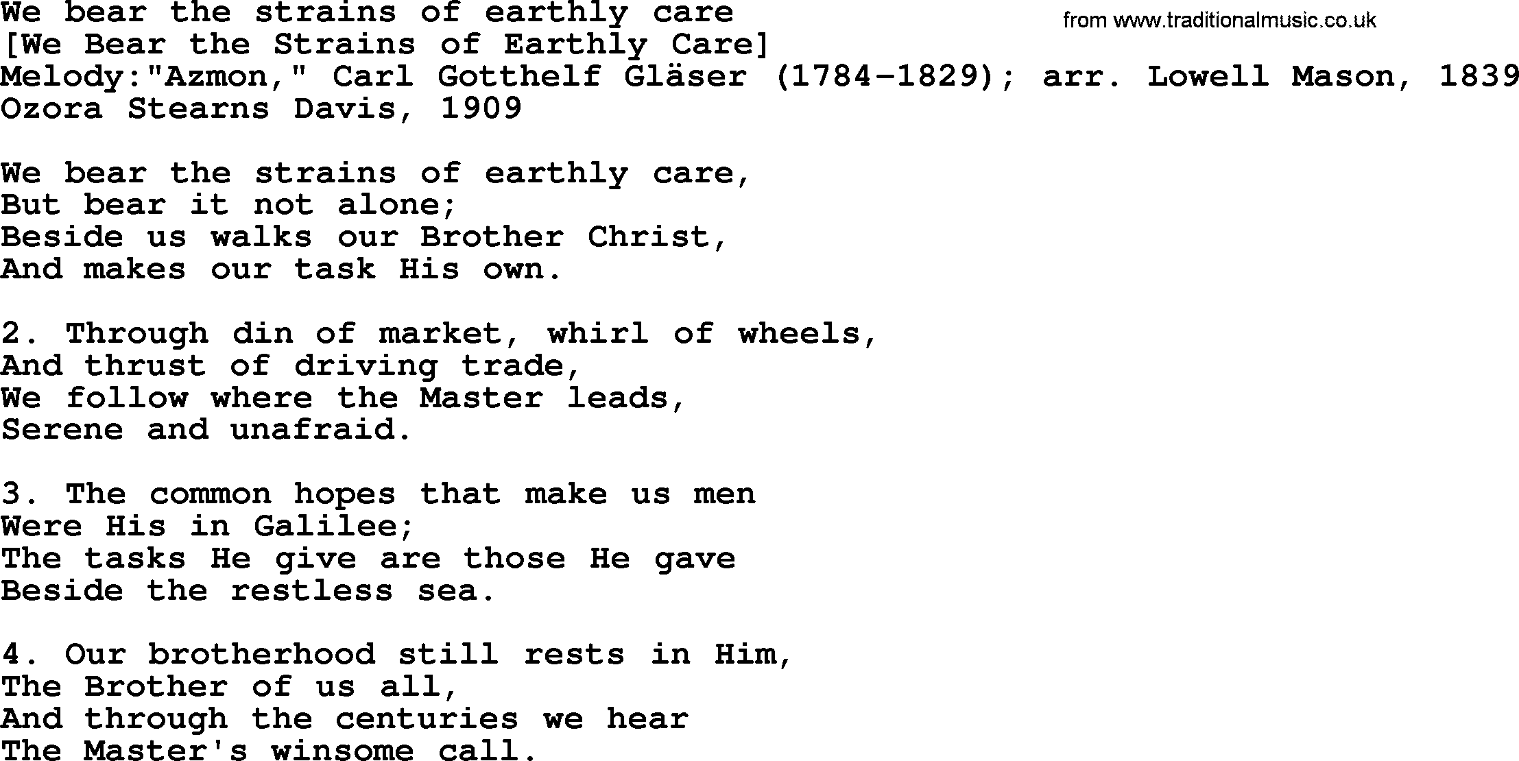 Old American Song: We Bear The Strains Of Earthly Care, lyrics