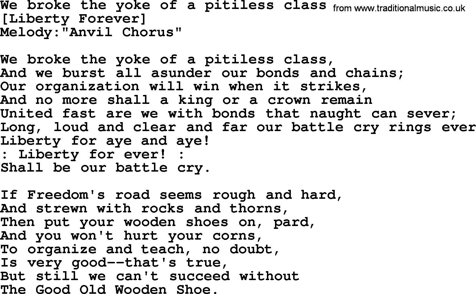 Old American Song: We Broke The Yoke Of A Pitiless Class, lyrics