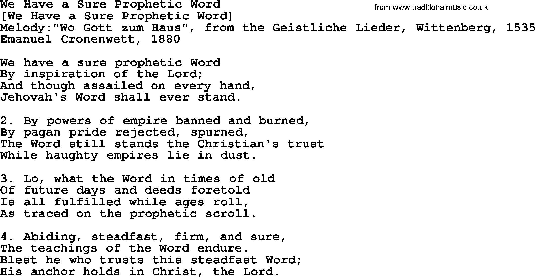 Old American Song: We Have A Sure Prophetic Word, lyrics