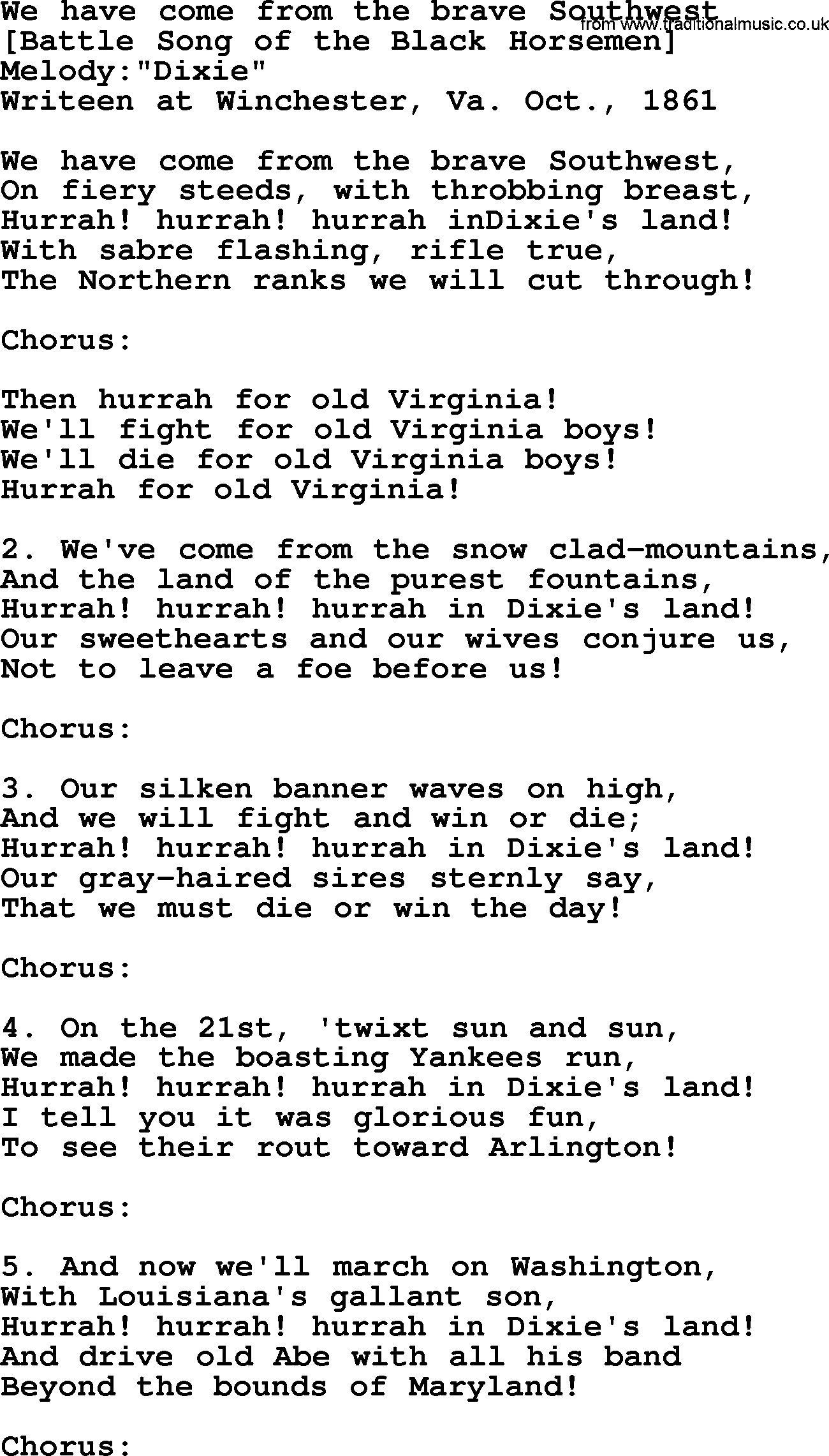 Old American Song: We Have Come From The Brave Southwest, lyrics