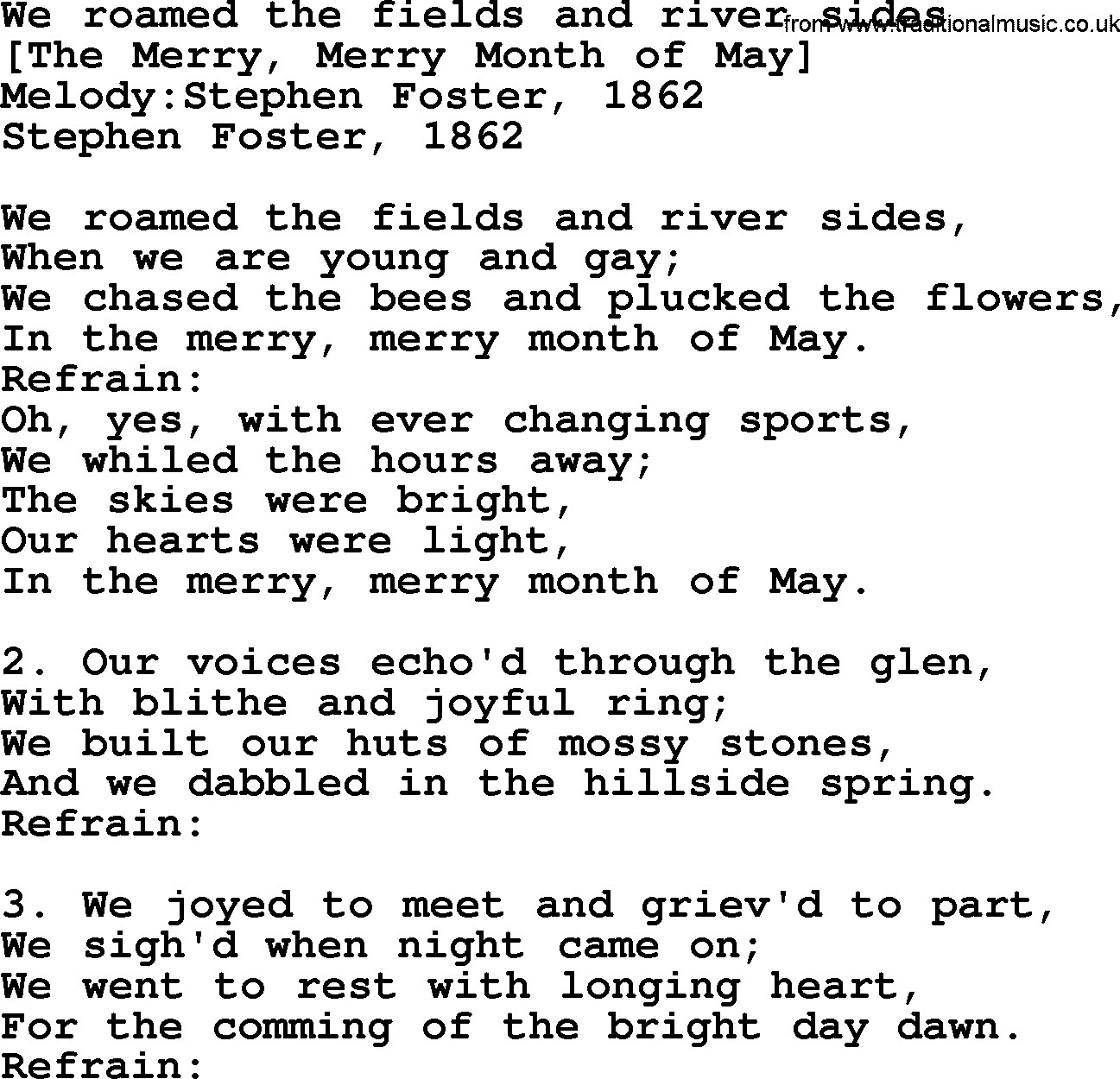 Old American Song: We Roamed The Fields And River Sides, lyrics