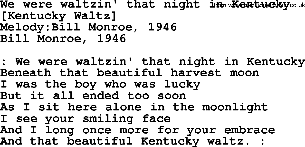 Old American Song: We Were Waltzin' That Night In Kentucky, lyrics