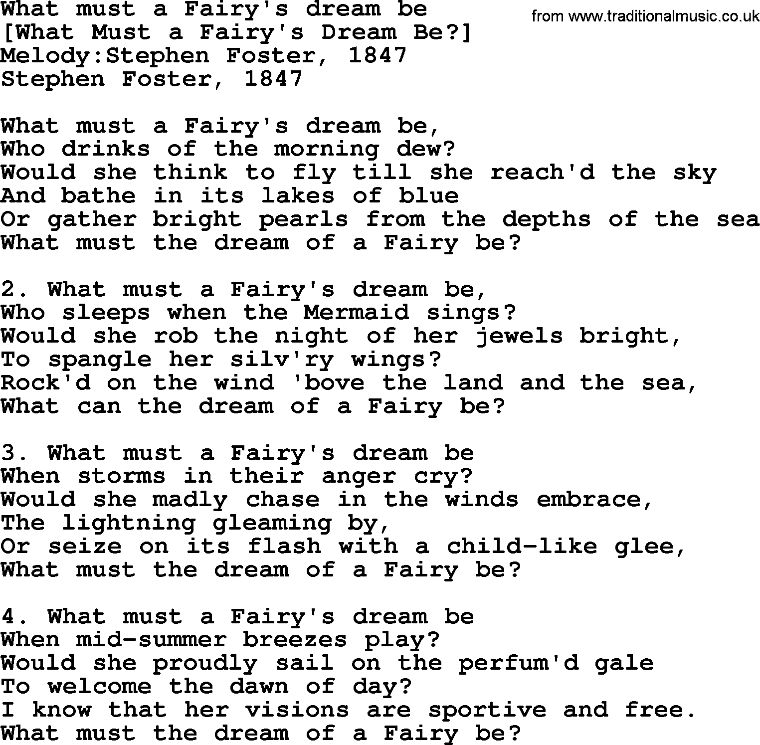 Old American Song: What Must A Fairy's Dream Be, lyrics