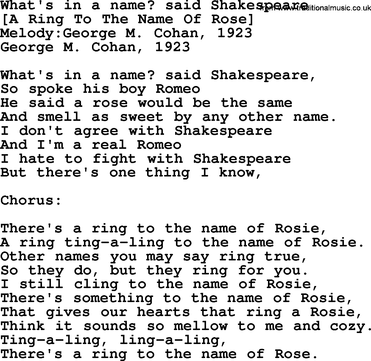 Old American Song: What's In A Name Said Shakespeare, lyrics