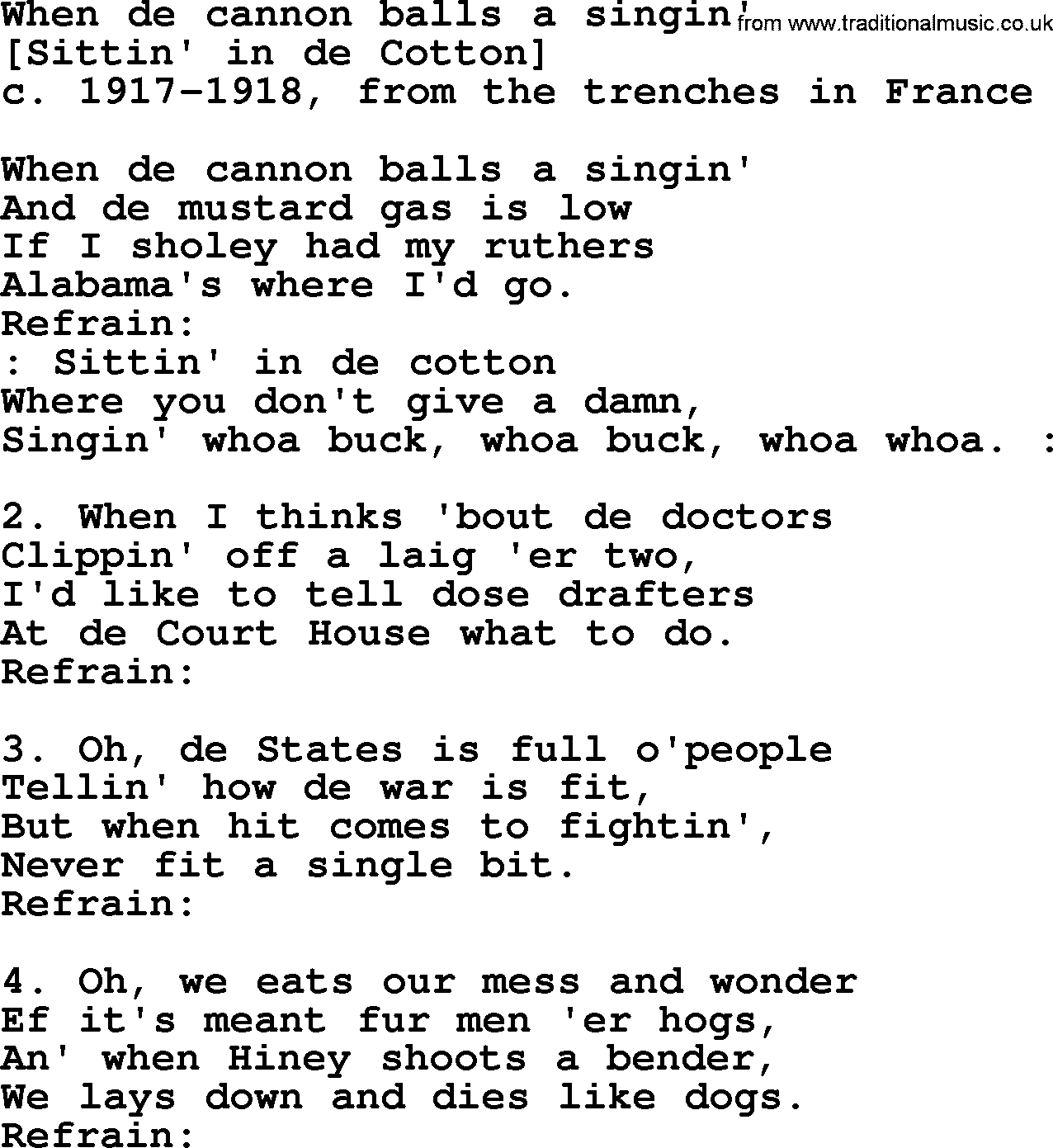 Old American Song: When De Cannon Balls A Singin', lyrics