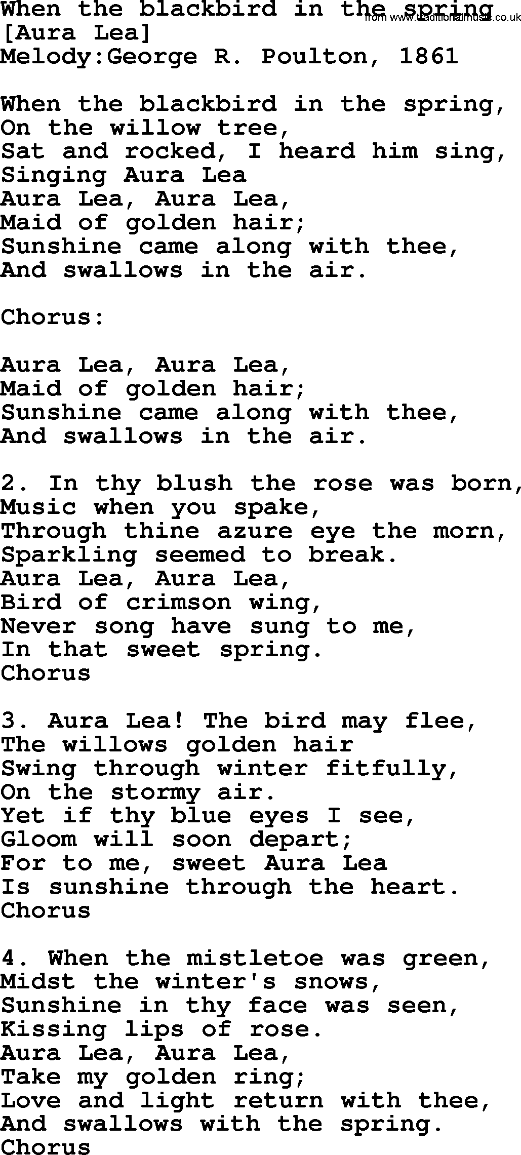 Old American Song: When The Blackbird In The Spring, lyrics