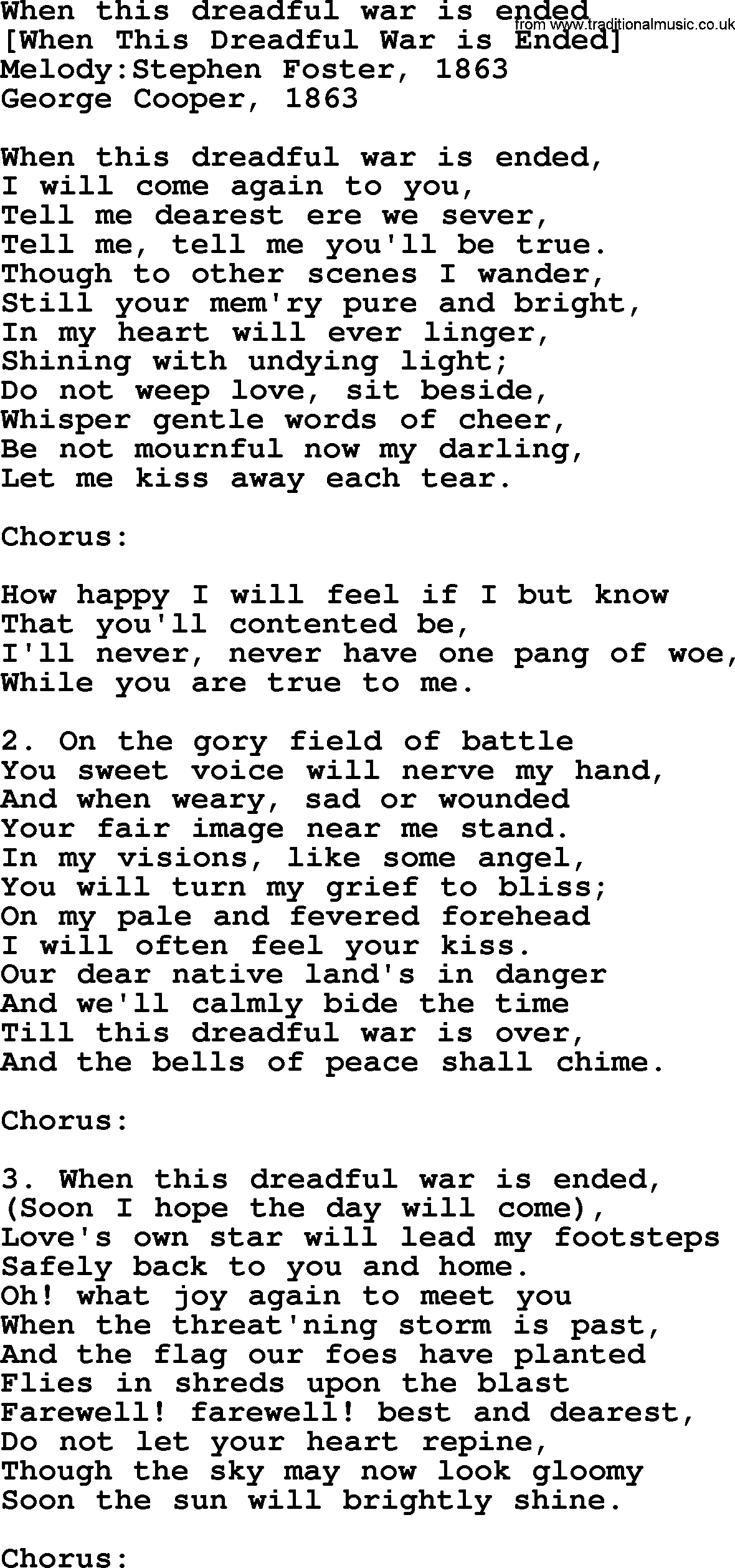 Old American Song: When This Dreadful War Is Ended, lyrics