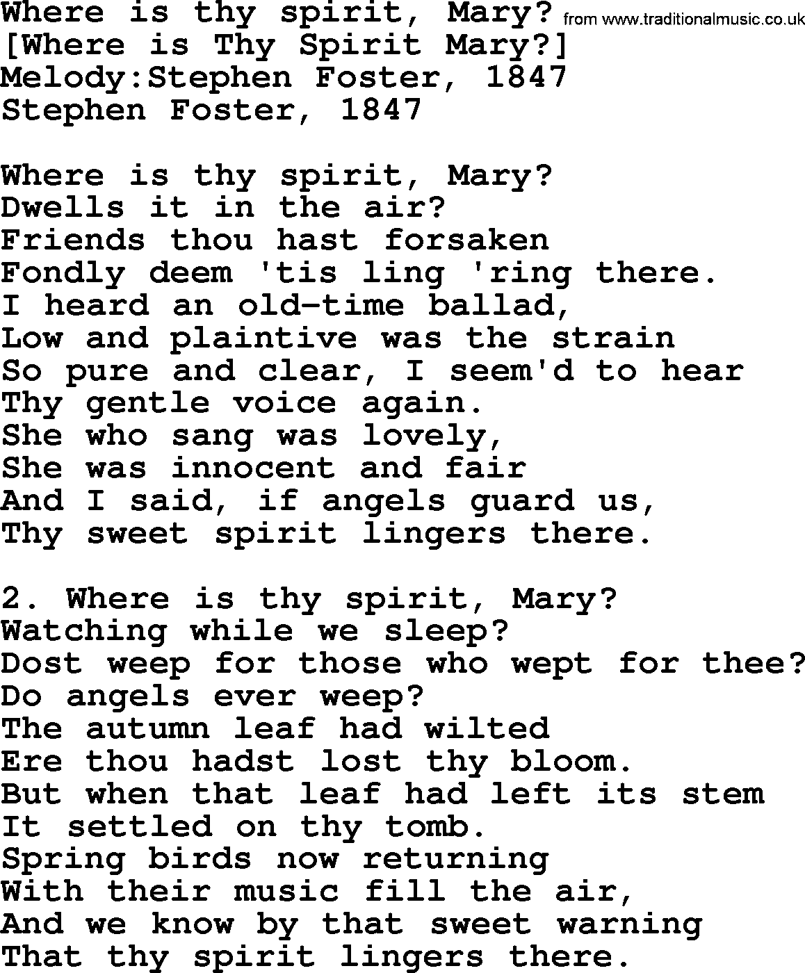 Old American Song: Where Is Thy Spirit, Mary, lyrics