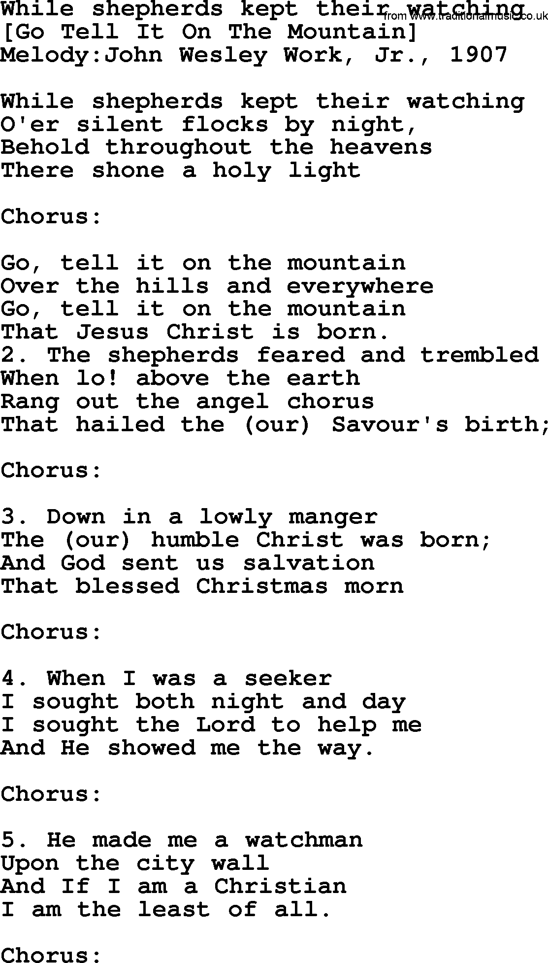 Old American Song: While Shepherds Kept Their Watching, lyrics