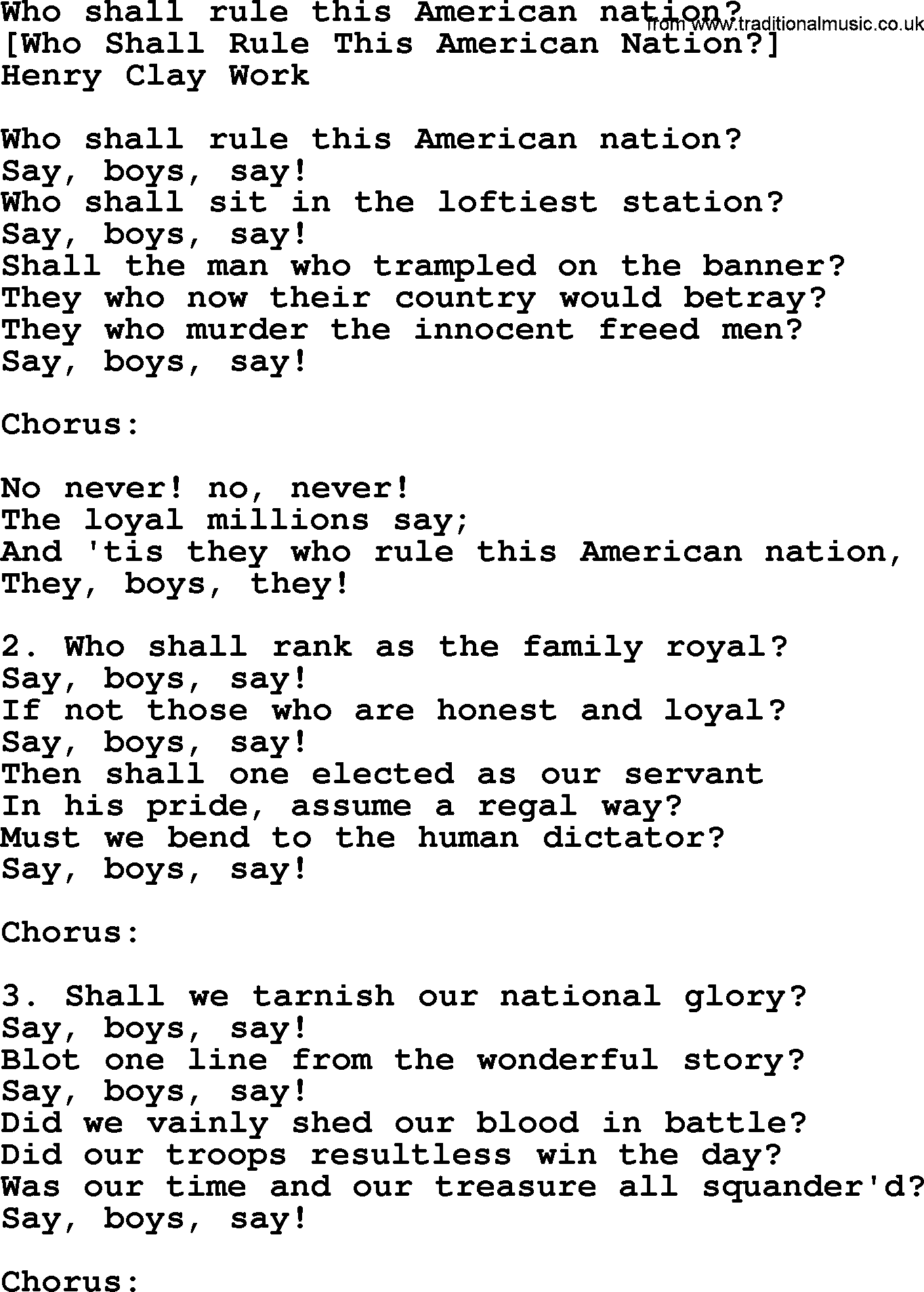 Old American Song: Who Shall Rule This American Nation, lyrics