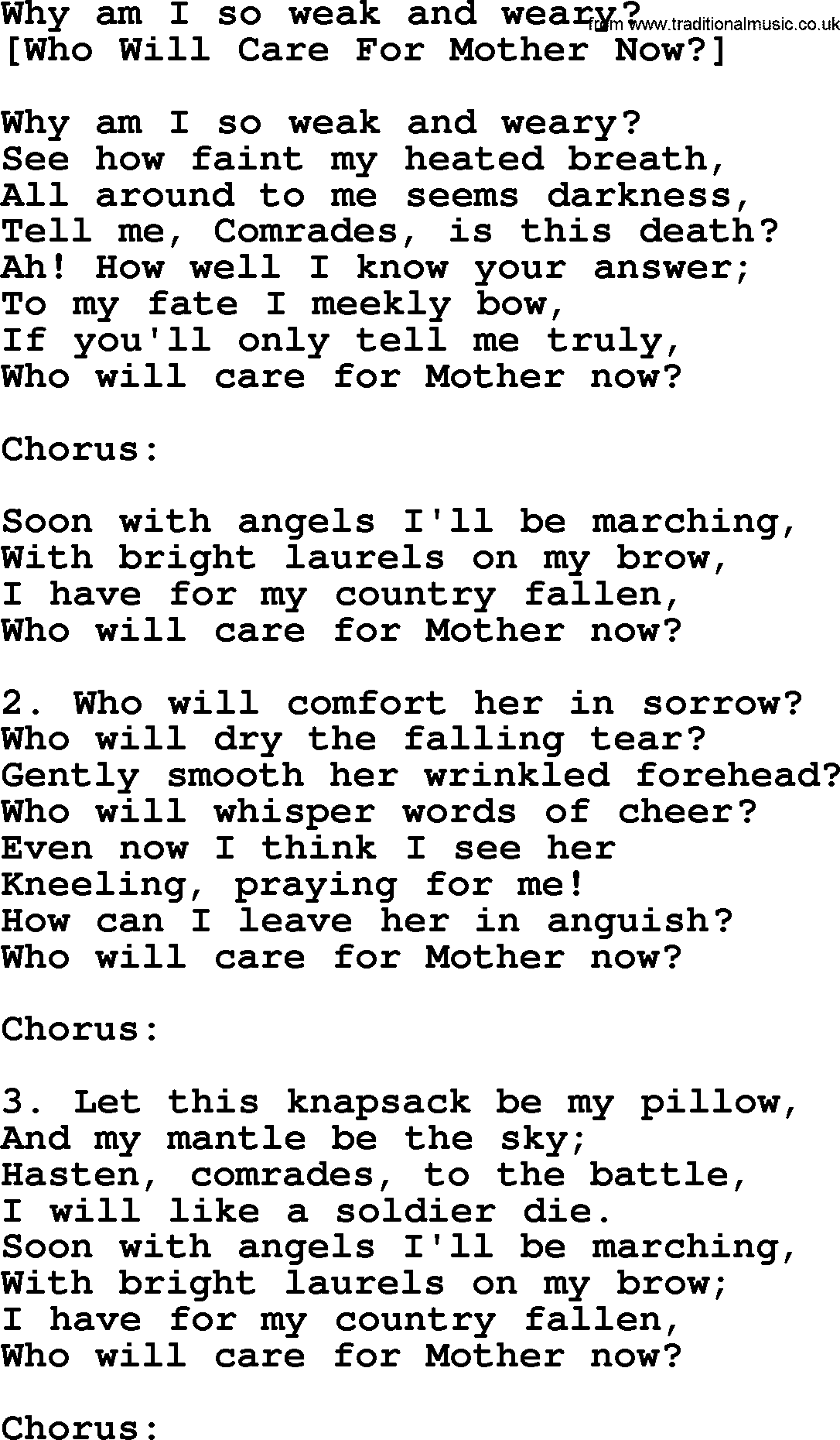 Old American Song: Why Am I So Weak And Weary, lyrics