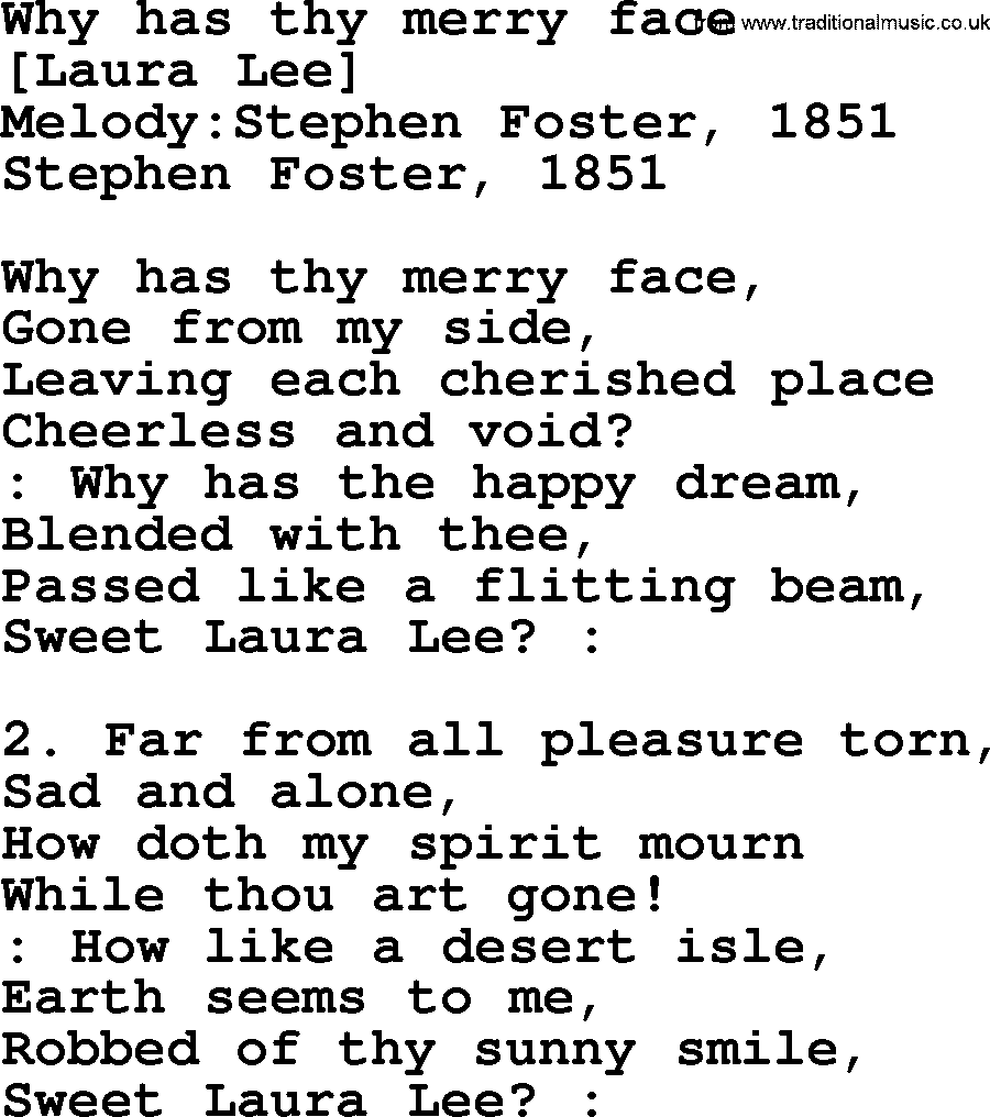 Old American Song: Why Has Thy Merry Face, lyrics