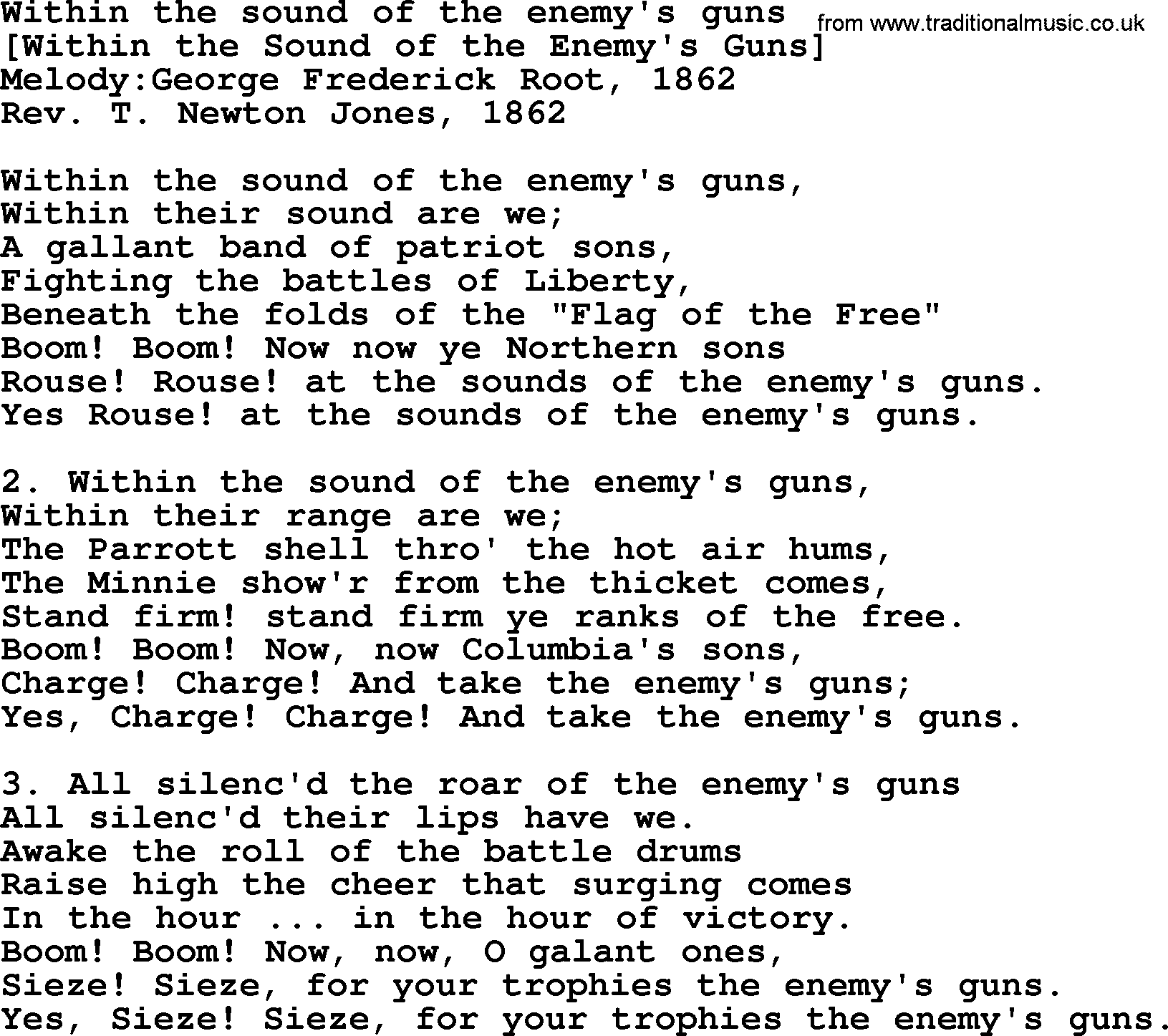 Old American Song: Within The Sound Of The Enemy's Guns, lyrics